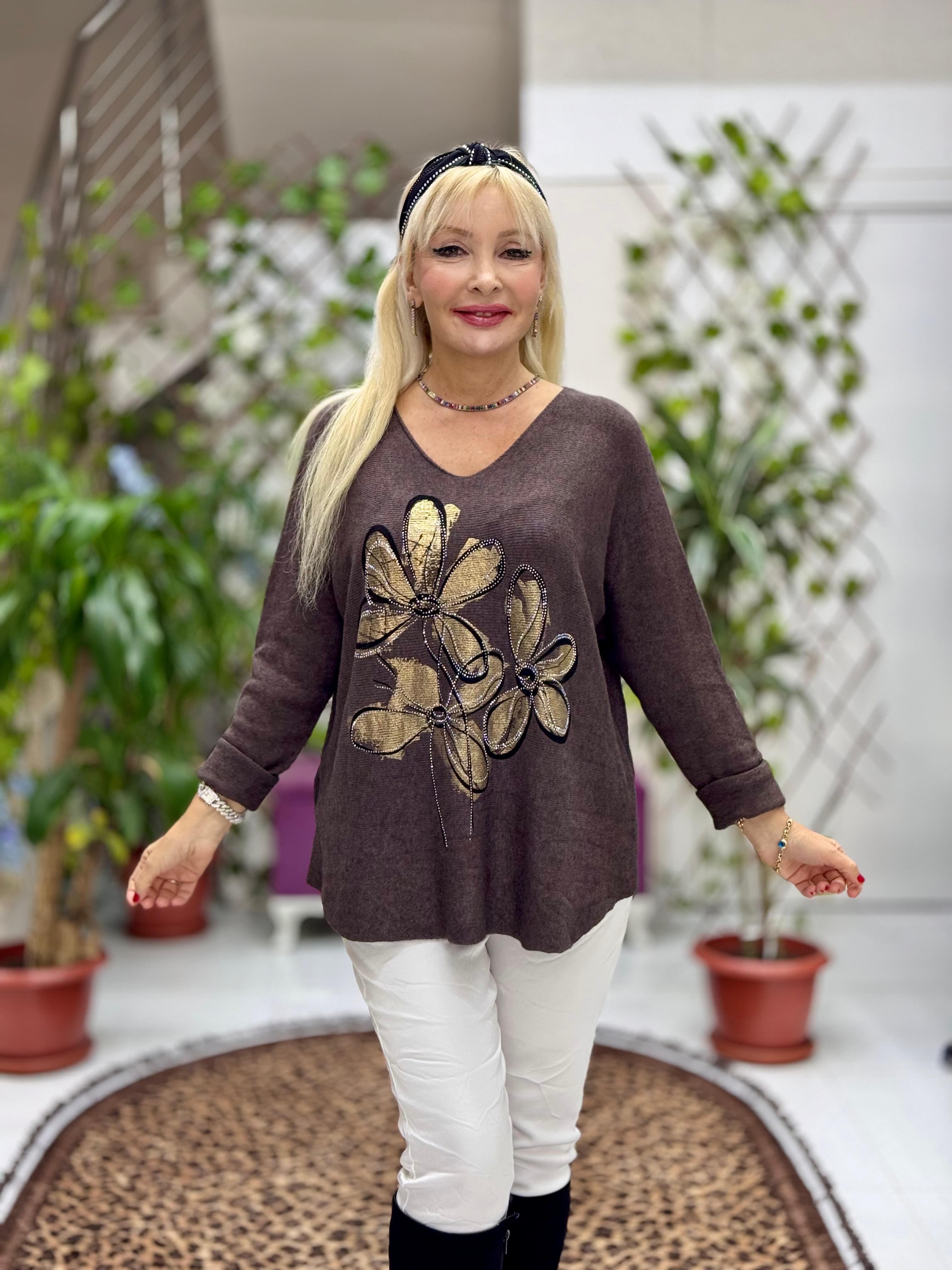 YG8022 Çiçek Desenli Taşlı İtalyan Triko Bluz Kahverengi