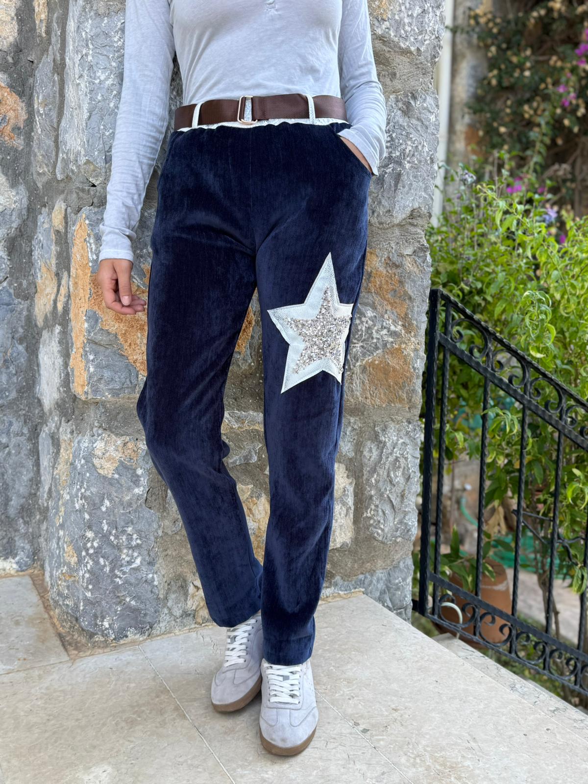 LS12520 İtalyan Yıldız Taşlı Kadife Pantolon Lacivert