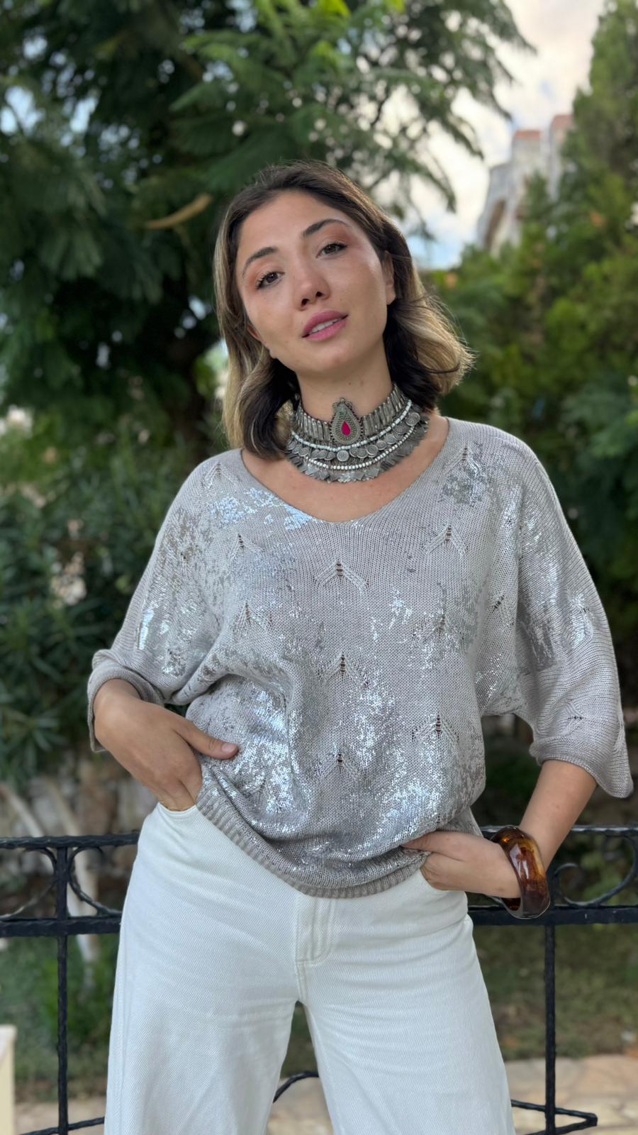 NC6016 İtalyan Fakir Kol Baskılı İnce Triko Bluz Taş