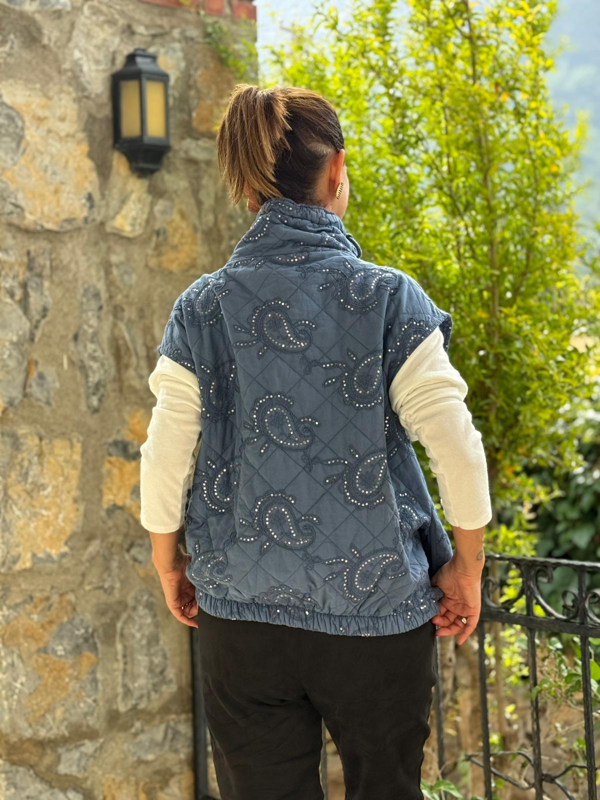 NC61582 Pul Payetli Balıkçı Yaka İtalyan Kapitone Yelek Mavi