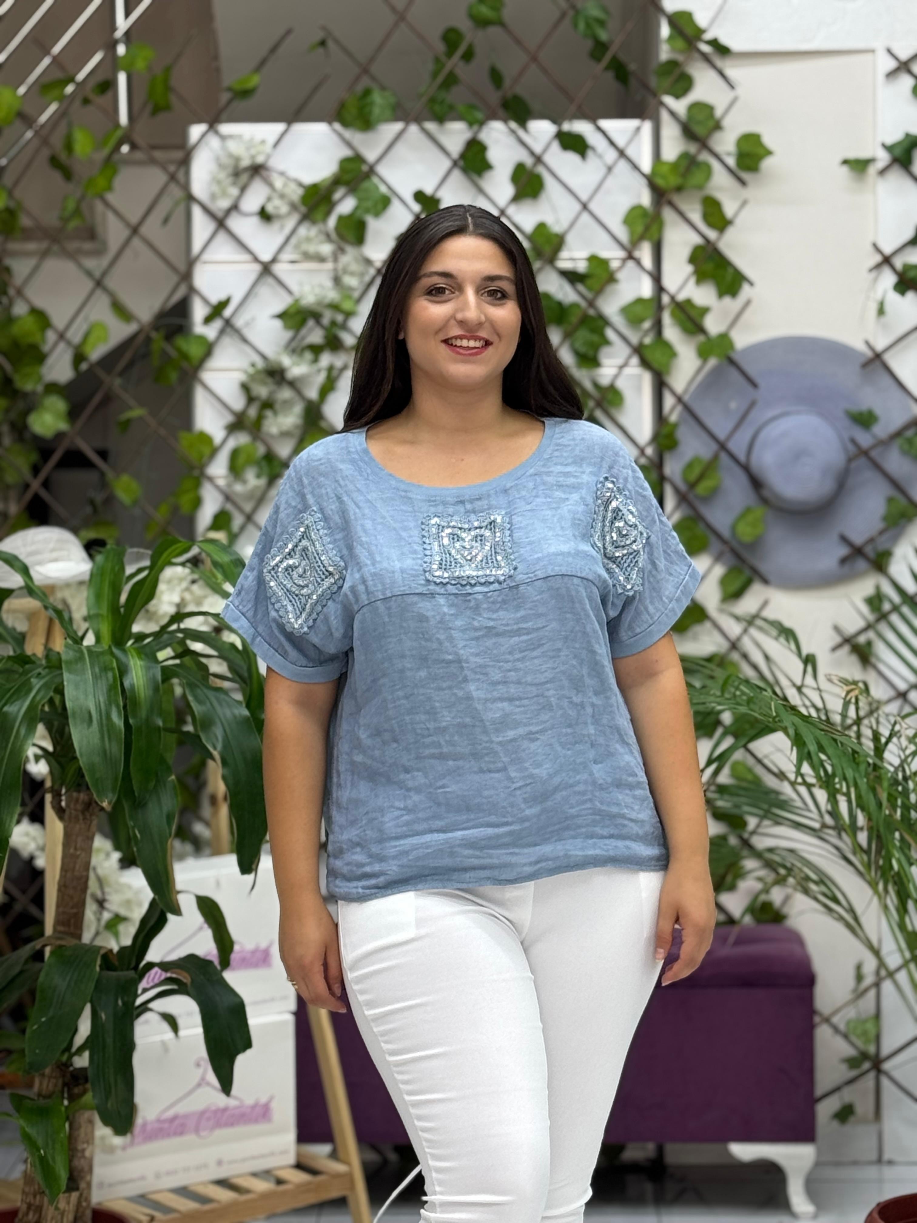 NC61130 İtalyan Sırt File Güpürlü Keten Bluz Mavi