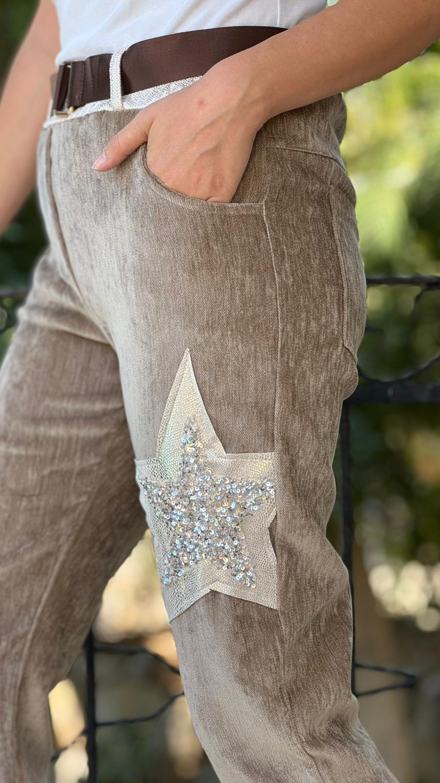 LS12520 İtalyan Yıldız Taşlı Kadife Pantolon Vizon