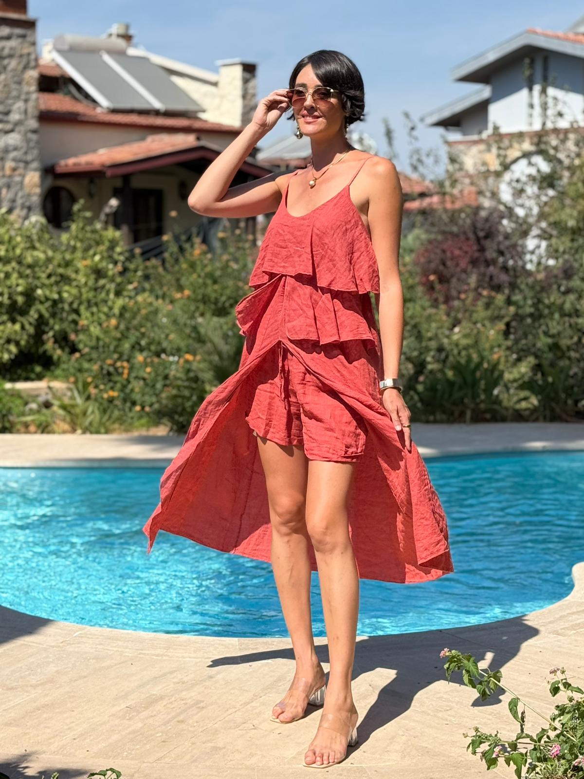 NC13179 İtalyan Keten Şortlu Takım Kiremit