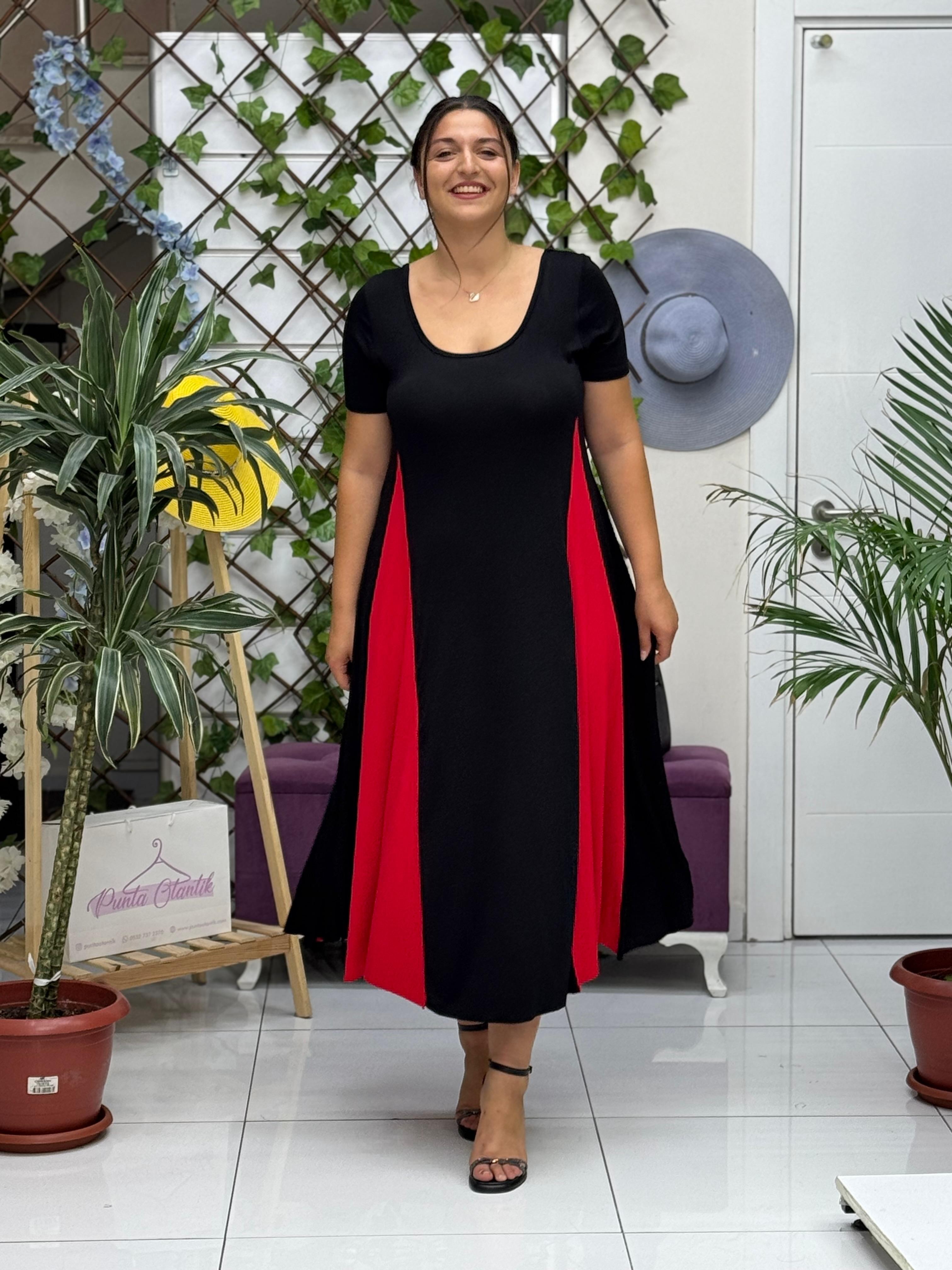 MS3122 Yarım Kol Turlu Viskon Elbise Siyah Kırmızı