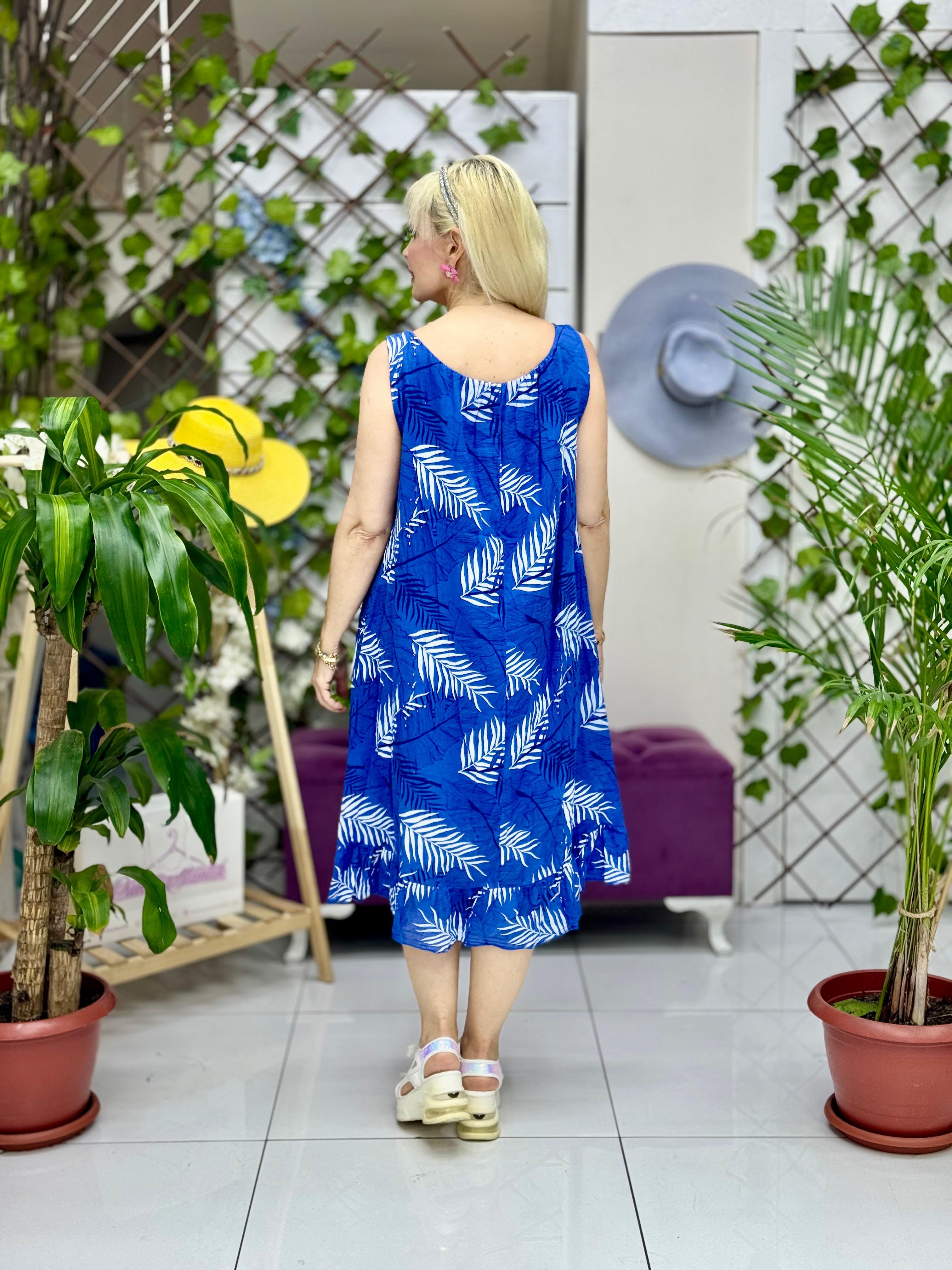 YG205070 İtalyan Yaprak Desen Coton Elbise Saks