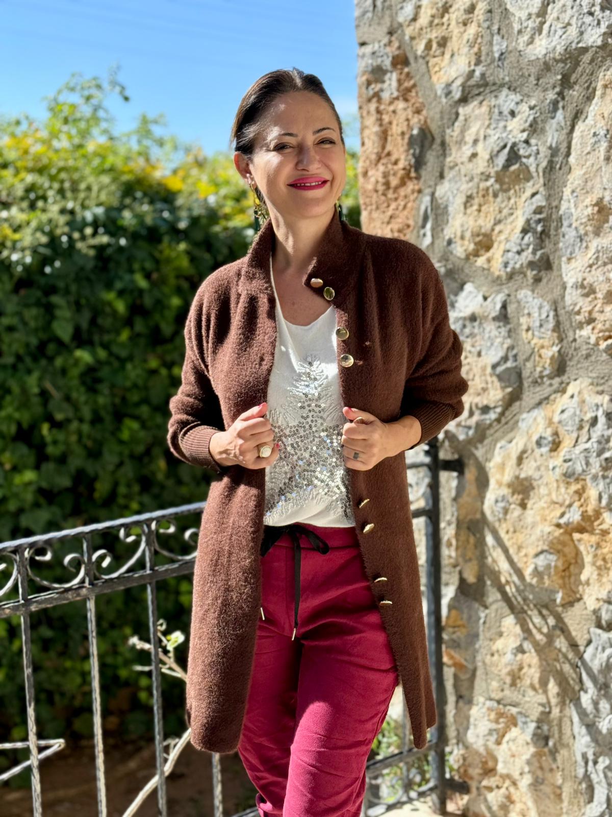 NC4079 Boydan Düğmeli Yün Kısa Hırka Kahverengi