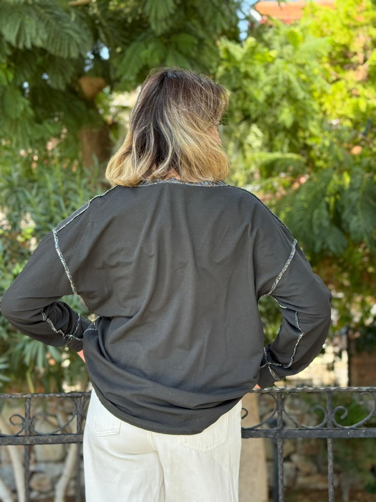 NC58939 İtalyan Believe Taşlı Sweatshirt Siyah