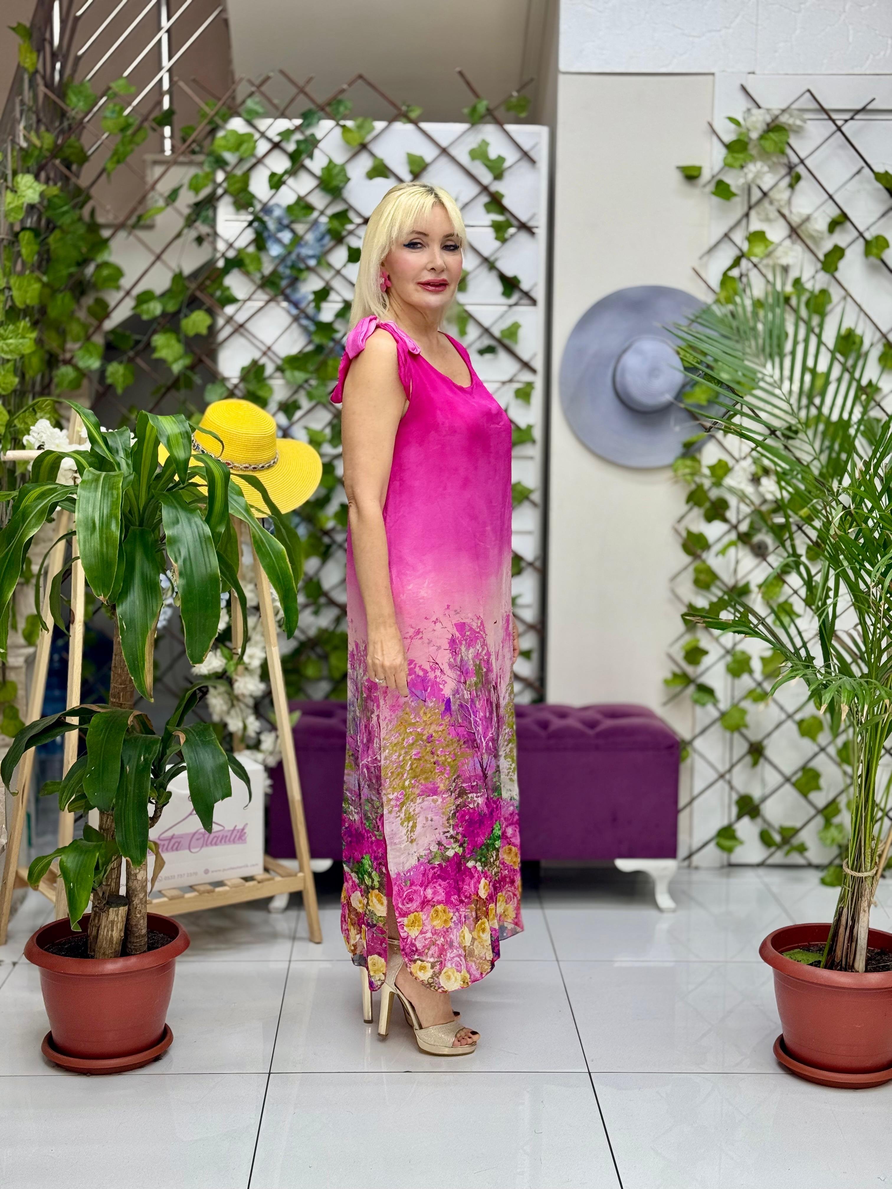 YG6204 İtalyan Omuz Bağlamalı İpek Elbise Pembe