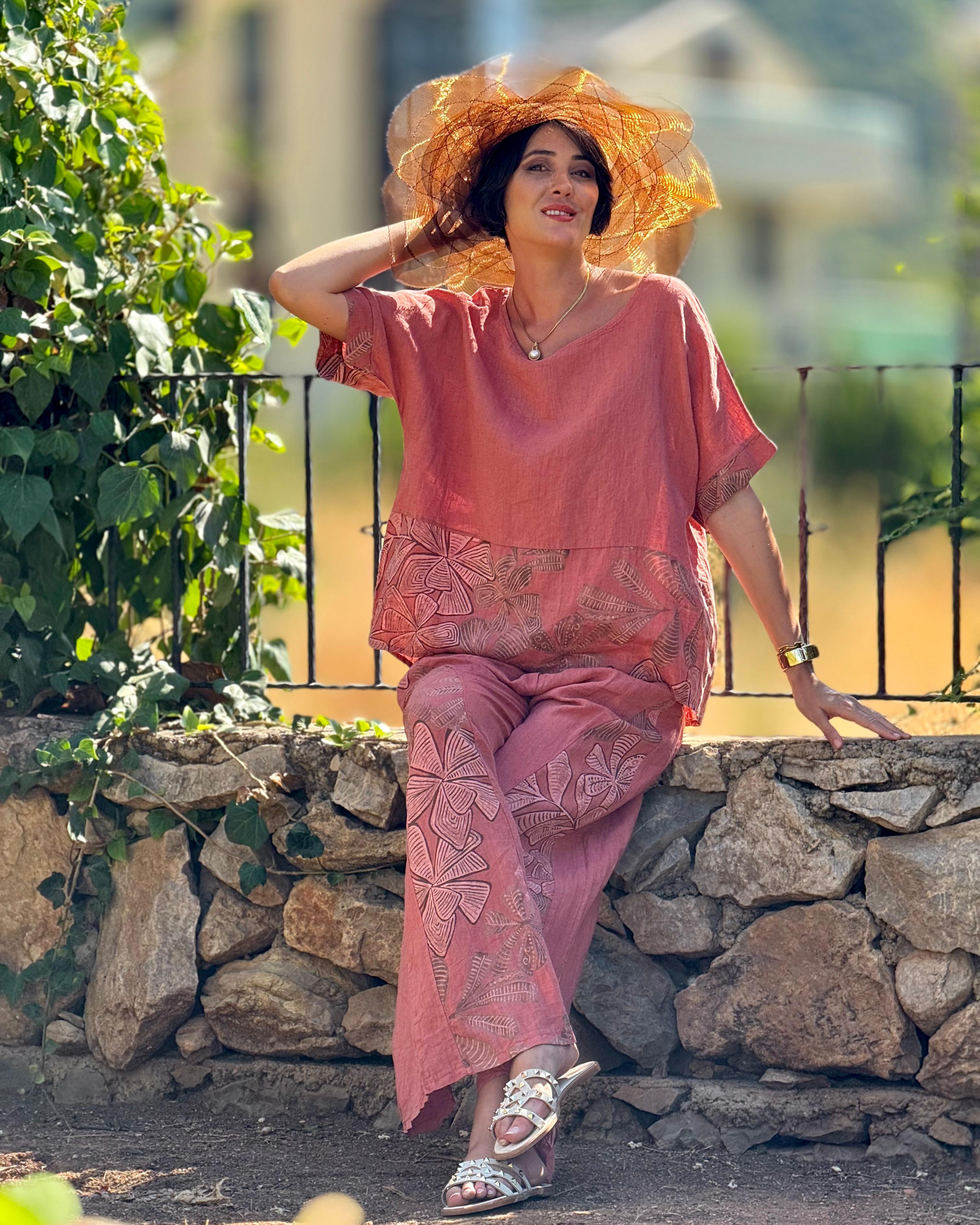 NC61253 İtalyan Çiçek Baskılı Keten Takım Kiremit