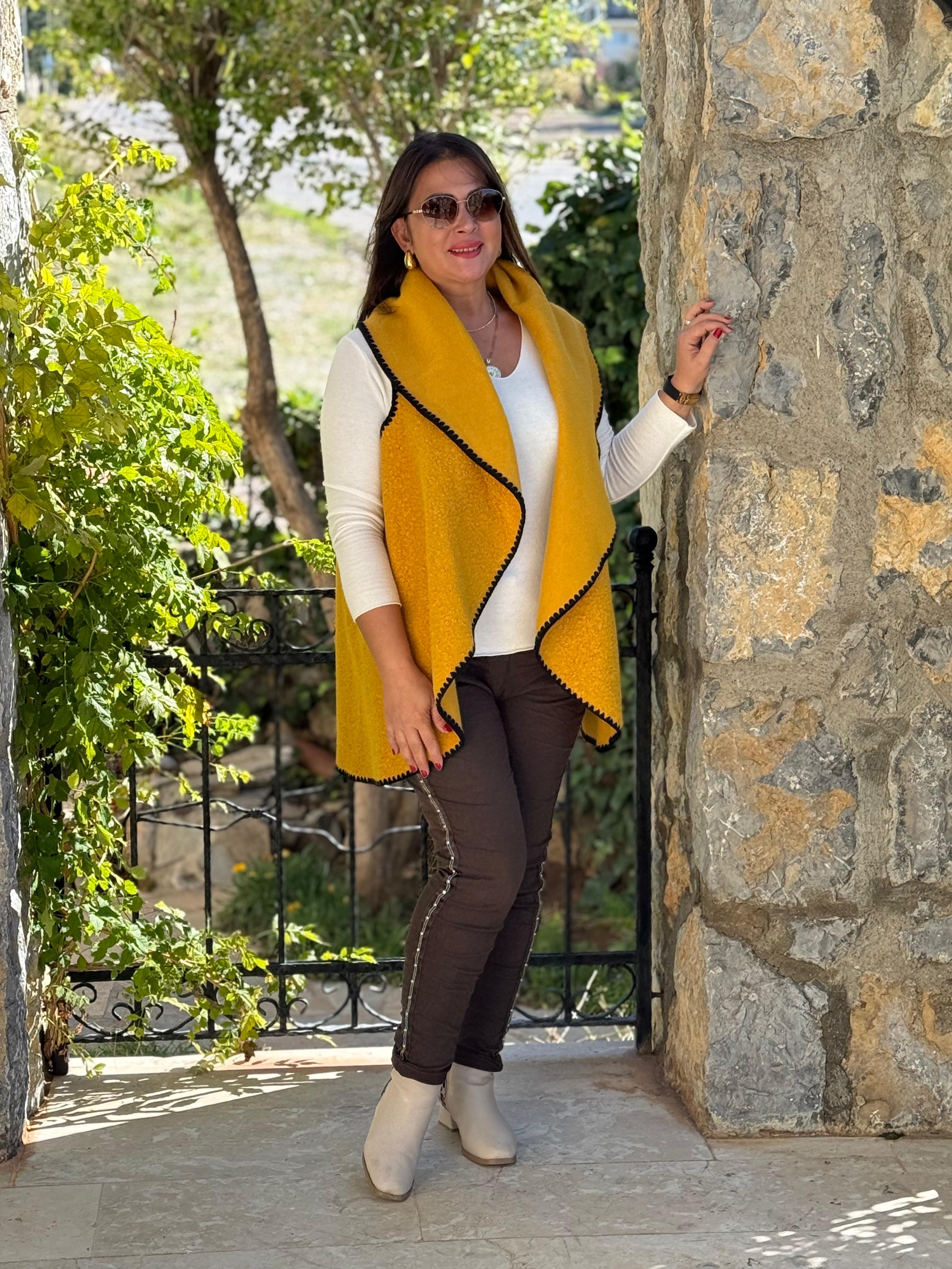 YG3698 Dökümlü İtalyan Buklet Yelek Hardal