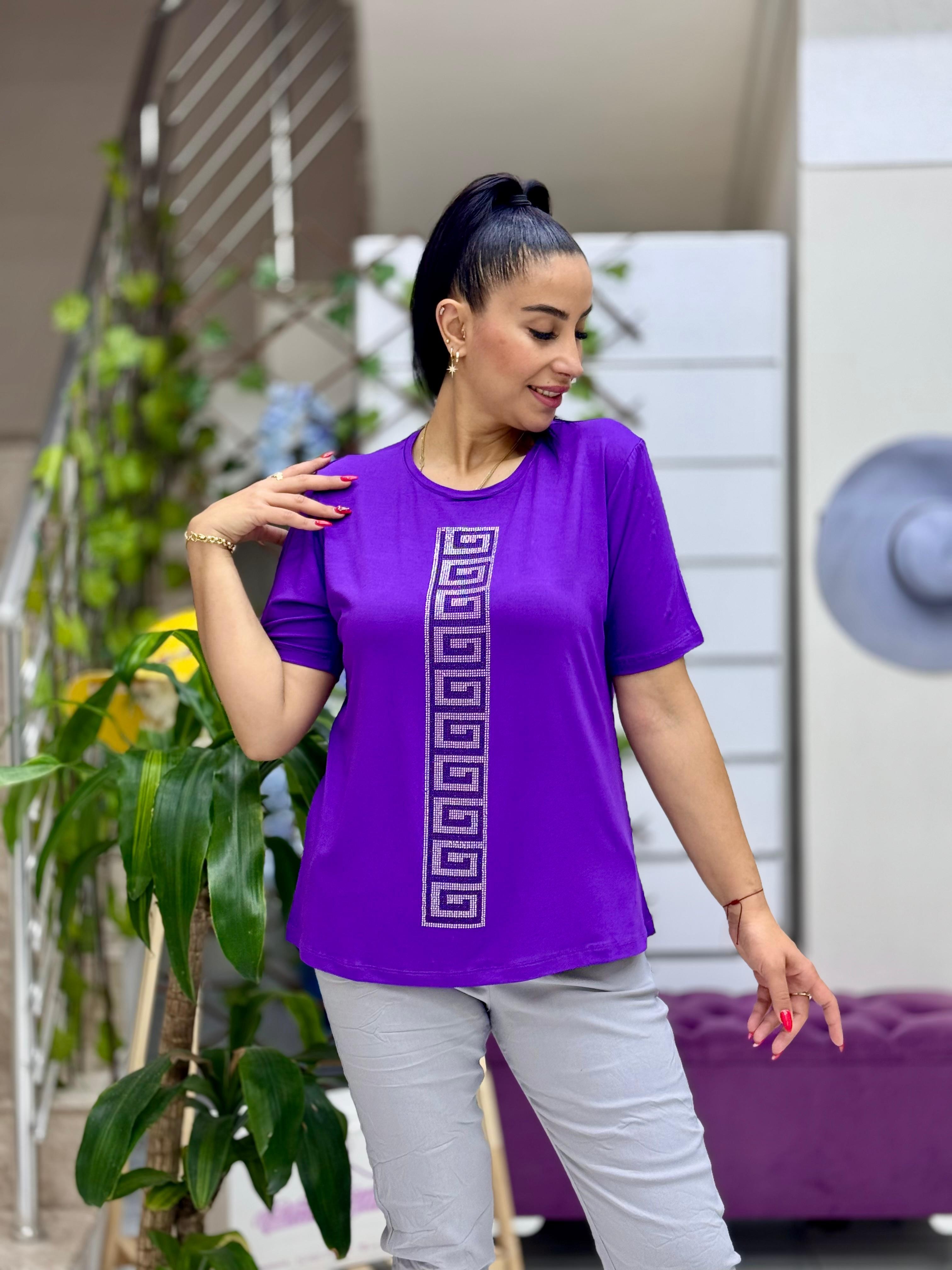 MS4222 Şerit Desenli  Penye Bluz Mor