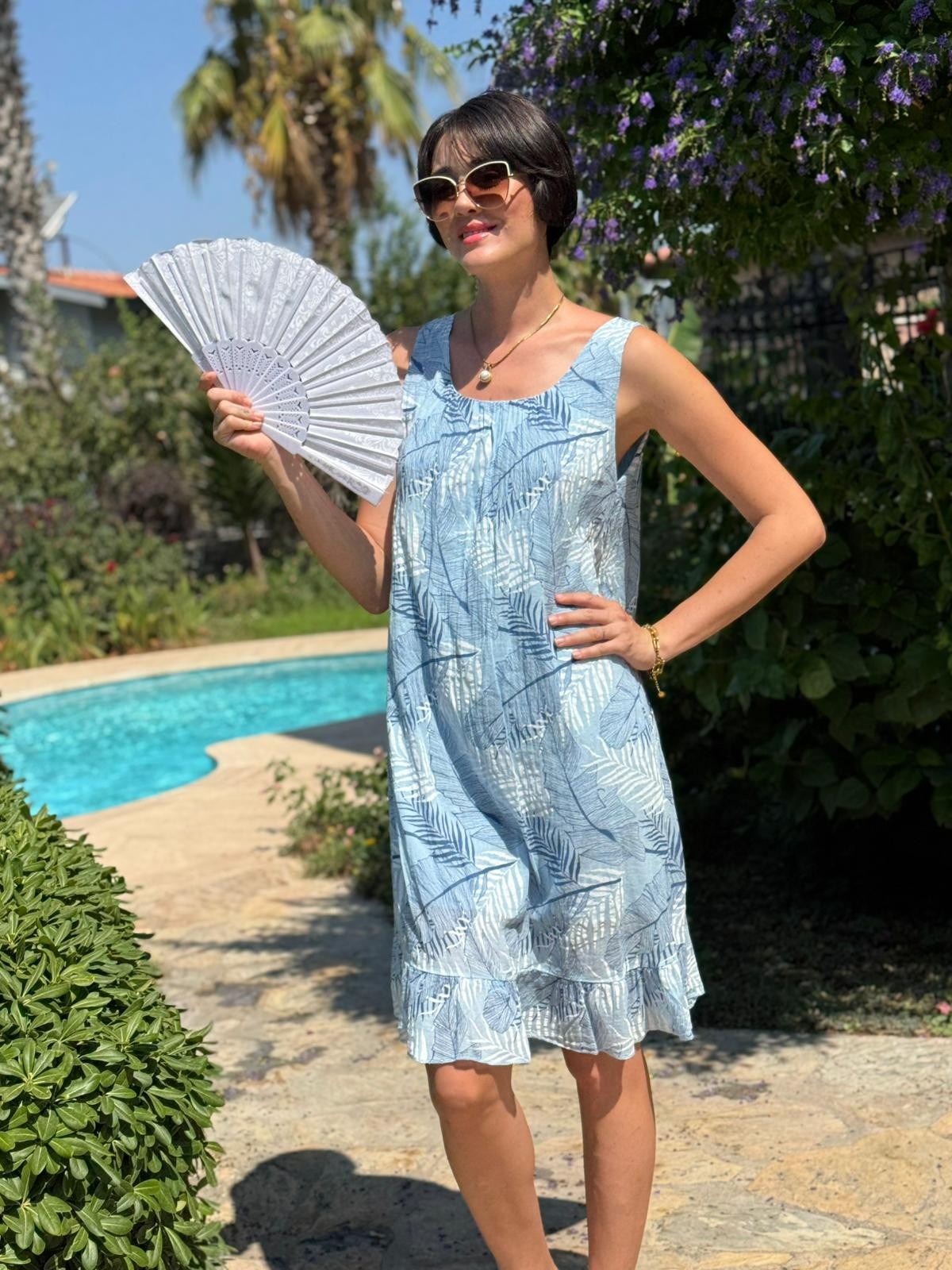 YG205070 İtalyan Yaprak Desen Coton Elbise Bebe Mavi