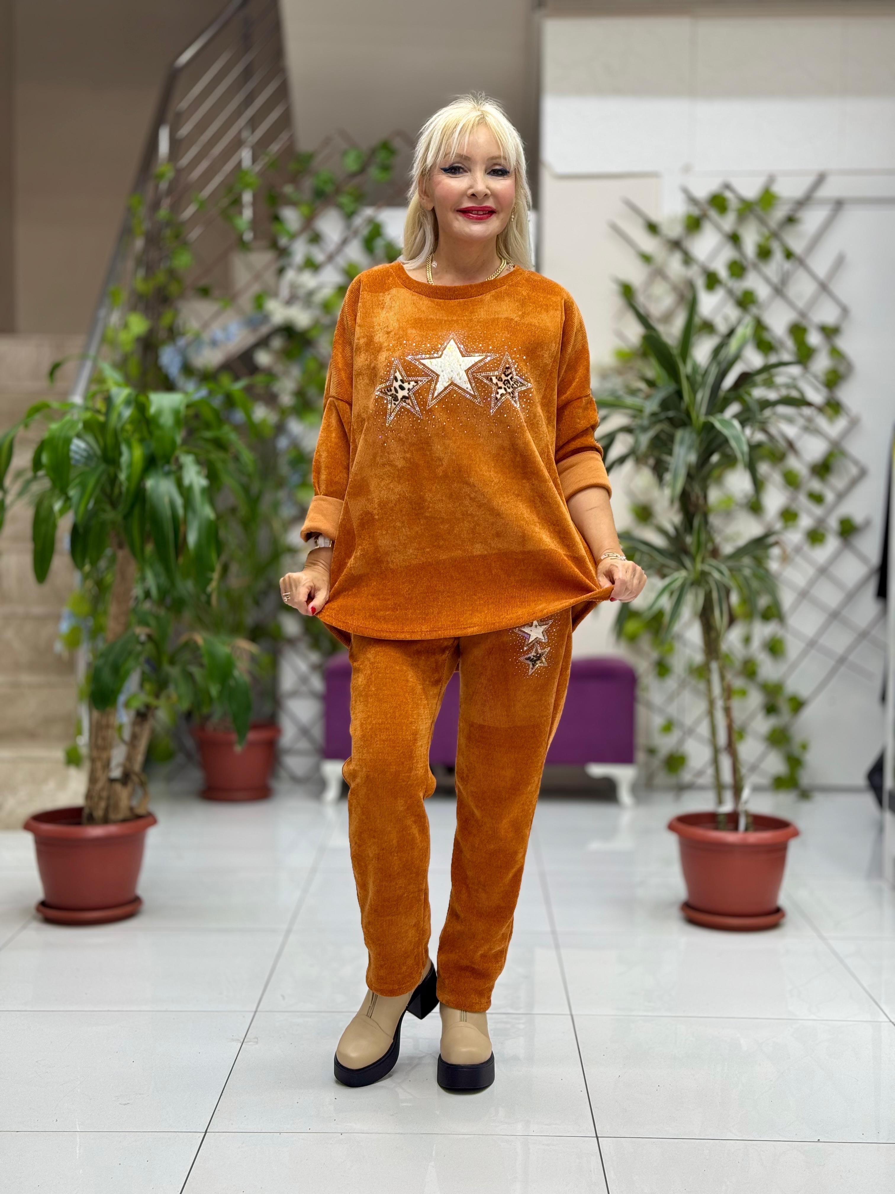 NC23081 Yıldız Desenli Taşlı İtalyan Kadife Takım Oranj