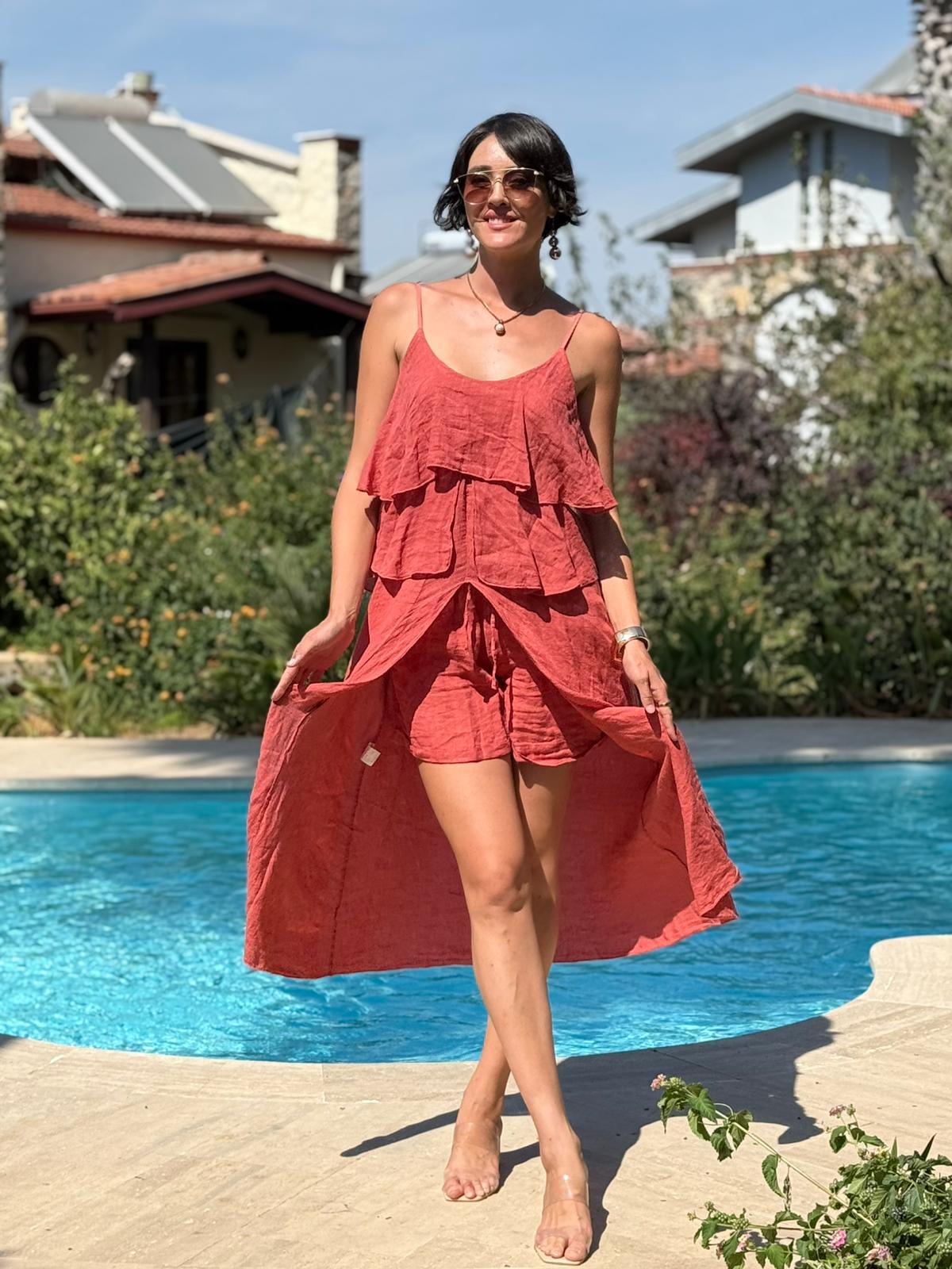 NC13179 İtalyan Keten Şortlu Takım Kiremit