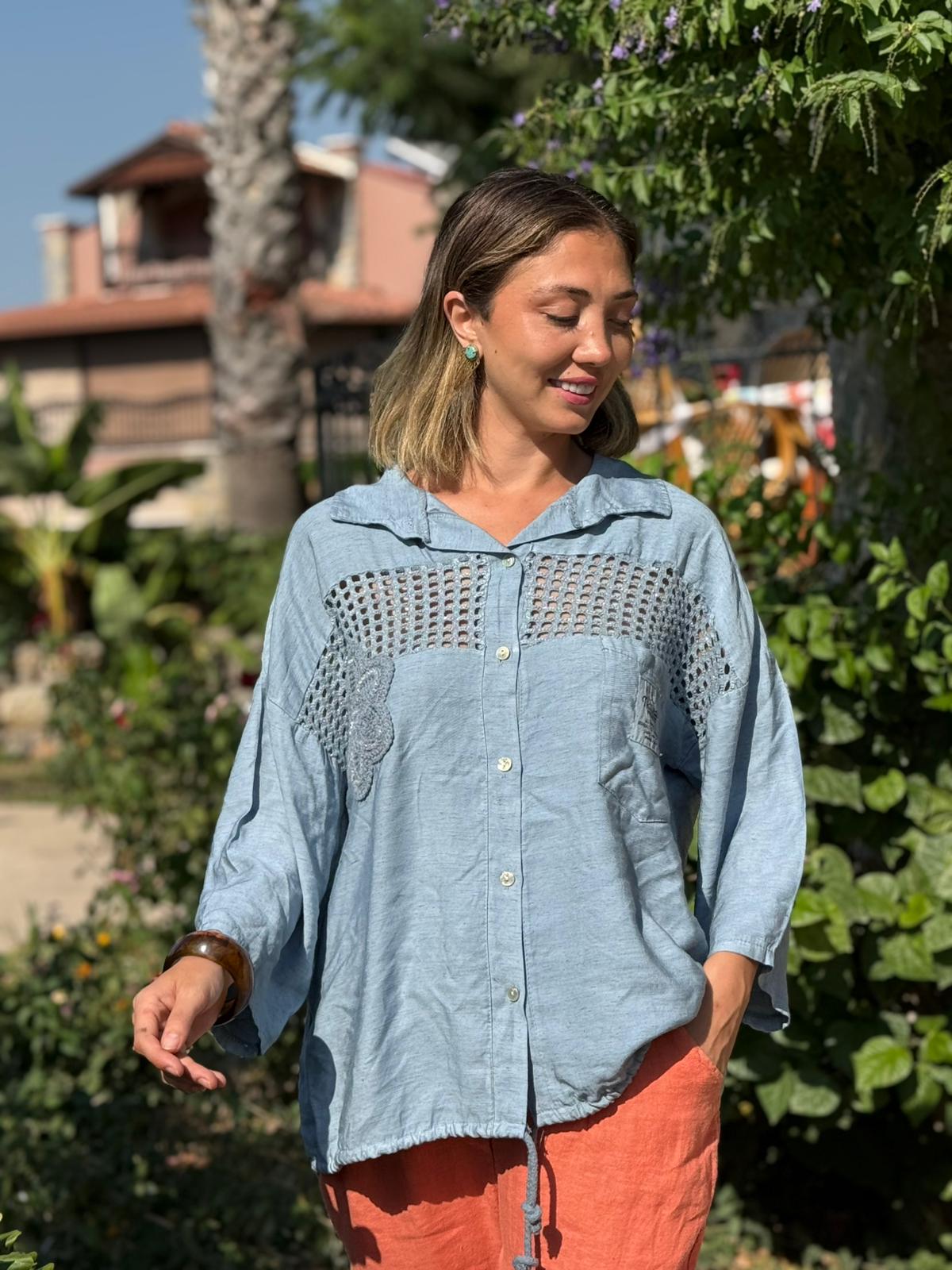 N23003 Blusa Lino Algodón Italiano Visón