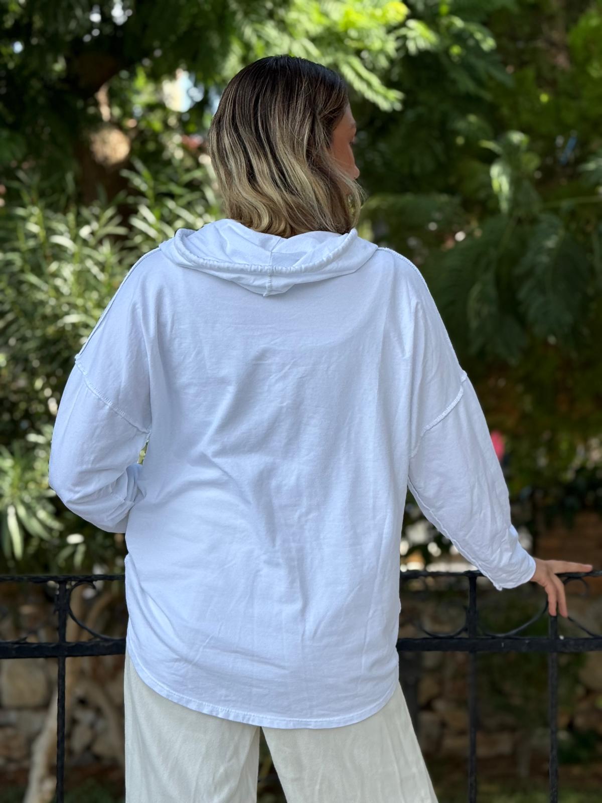 NC8533C İtalyan Joy Taşlı Kapüşonlu Coton Sweatshirt Beyaz