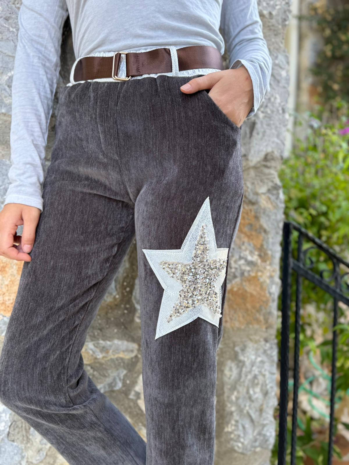 LS12520 İtalyan Yıldız Taşlı Kadife Pantolon Füme