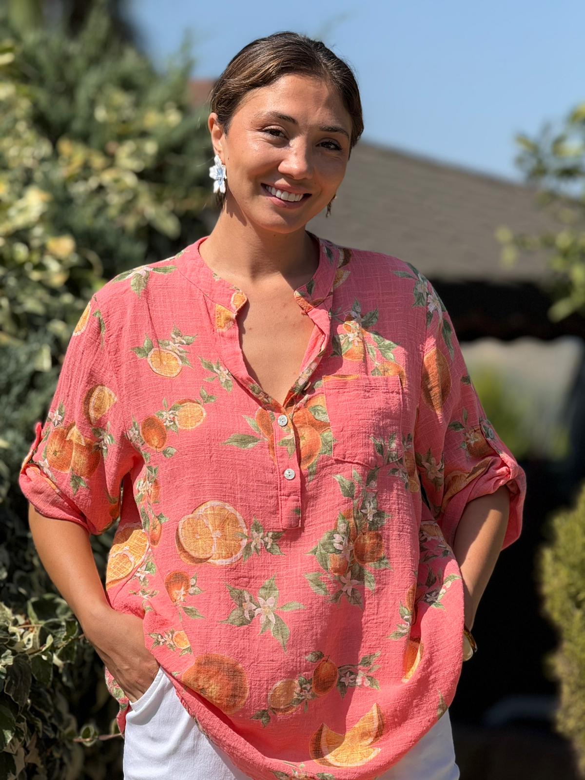 NC154553 İtalyan Pamuk Keten Bluz Mercan