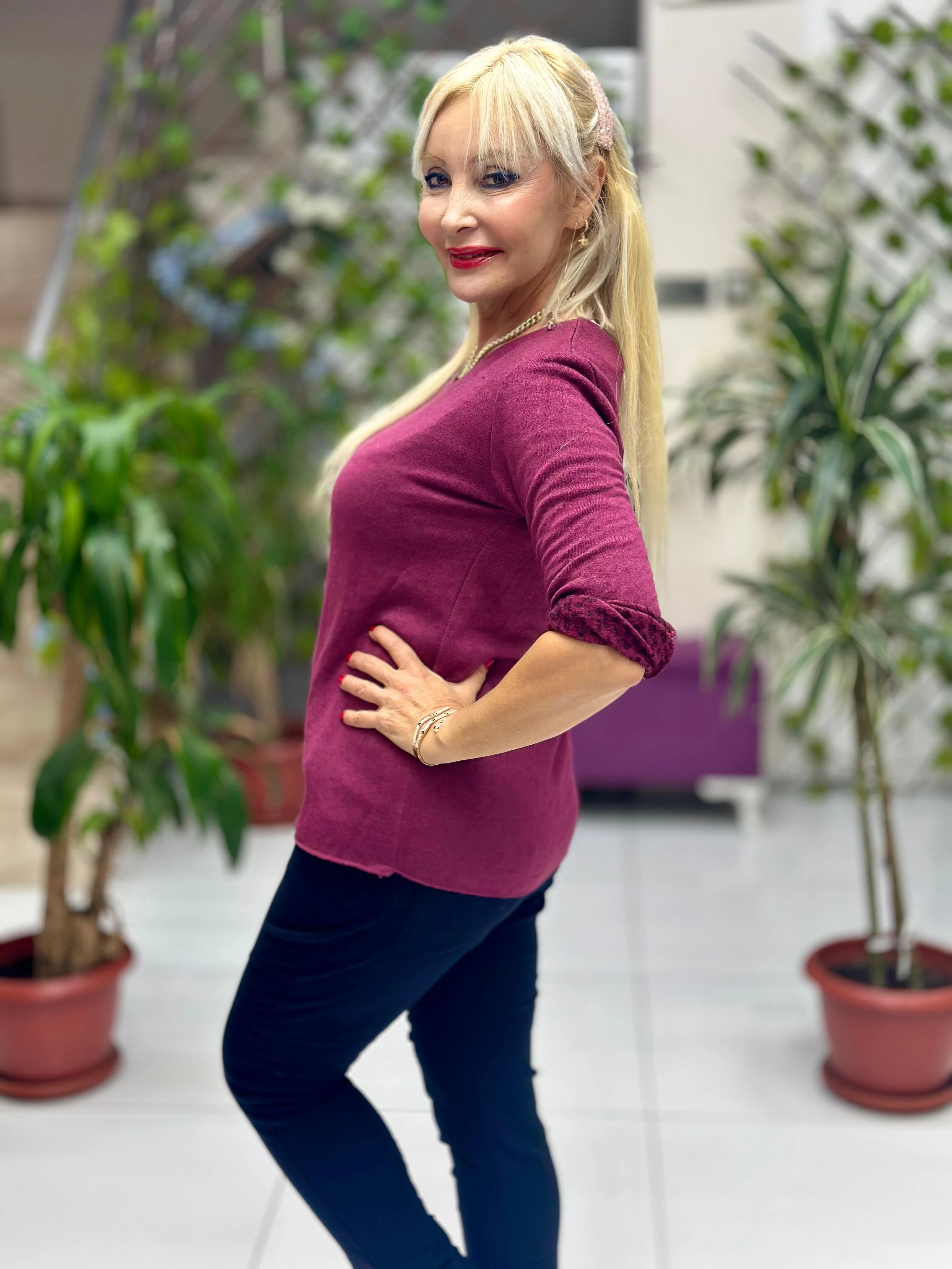 NC1202 İçi Leoparlı Yuvarlak Yaka Triko Küçük Kalıp Bluz Vişne