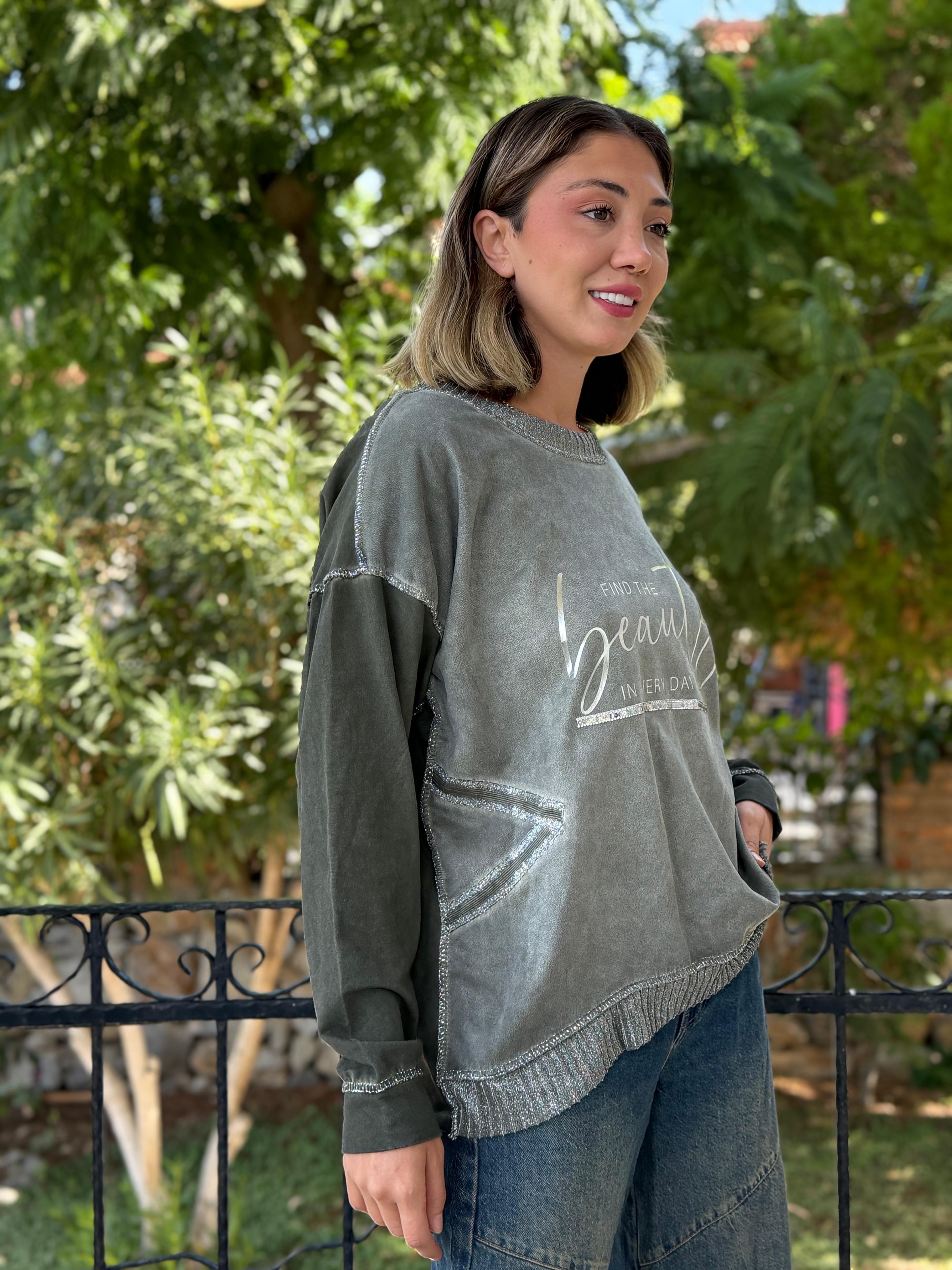 NC50793 İtalyan Beauty Yazılı Coton Sweatshirt Haki