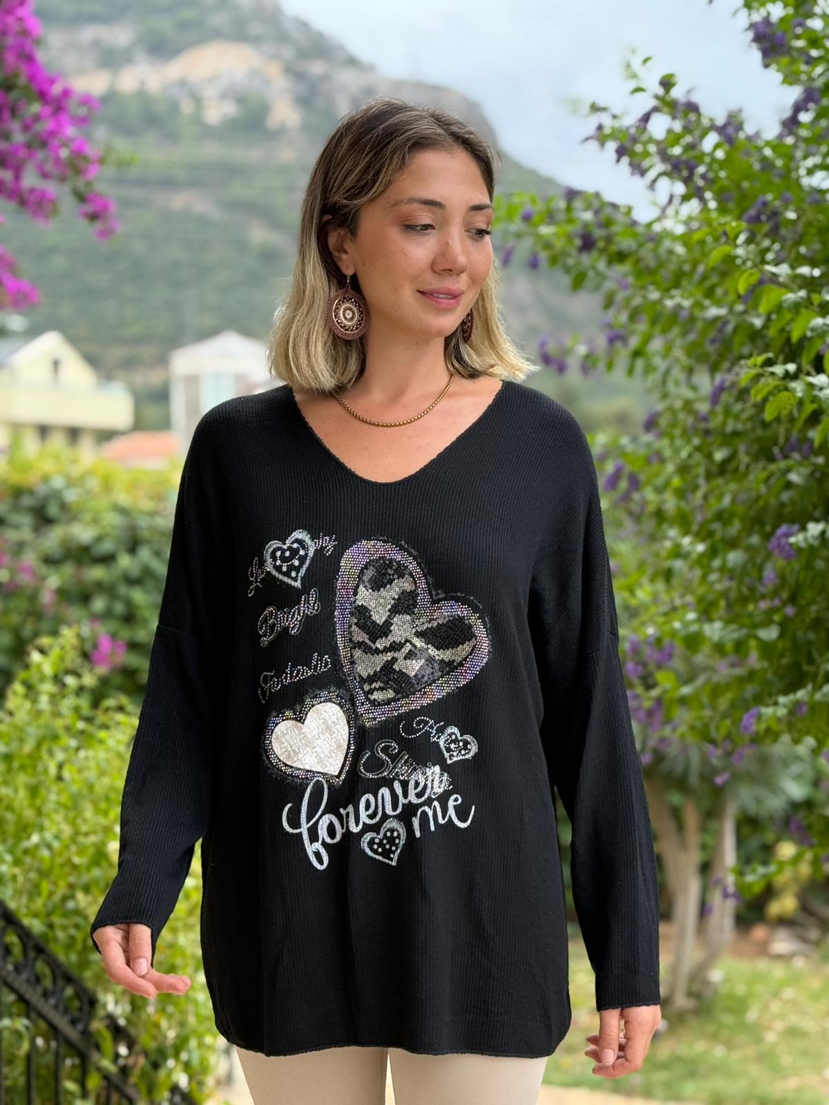 LS6211 İtalyan Kalp Desenli Triko Bluz Siyah