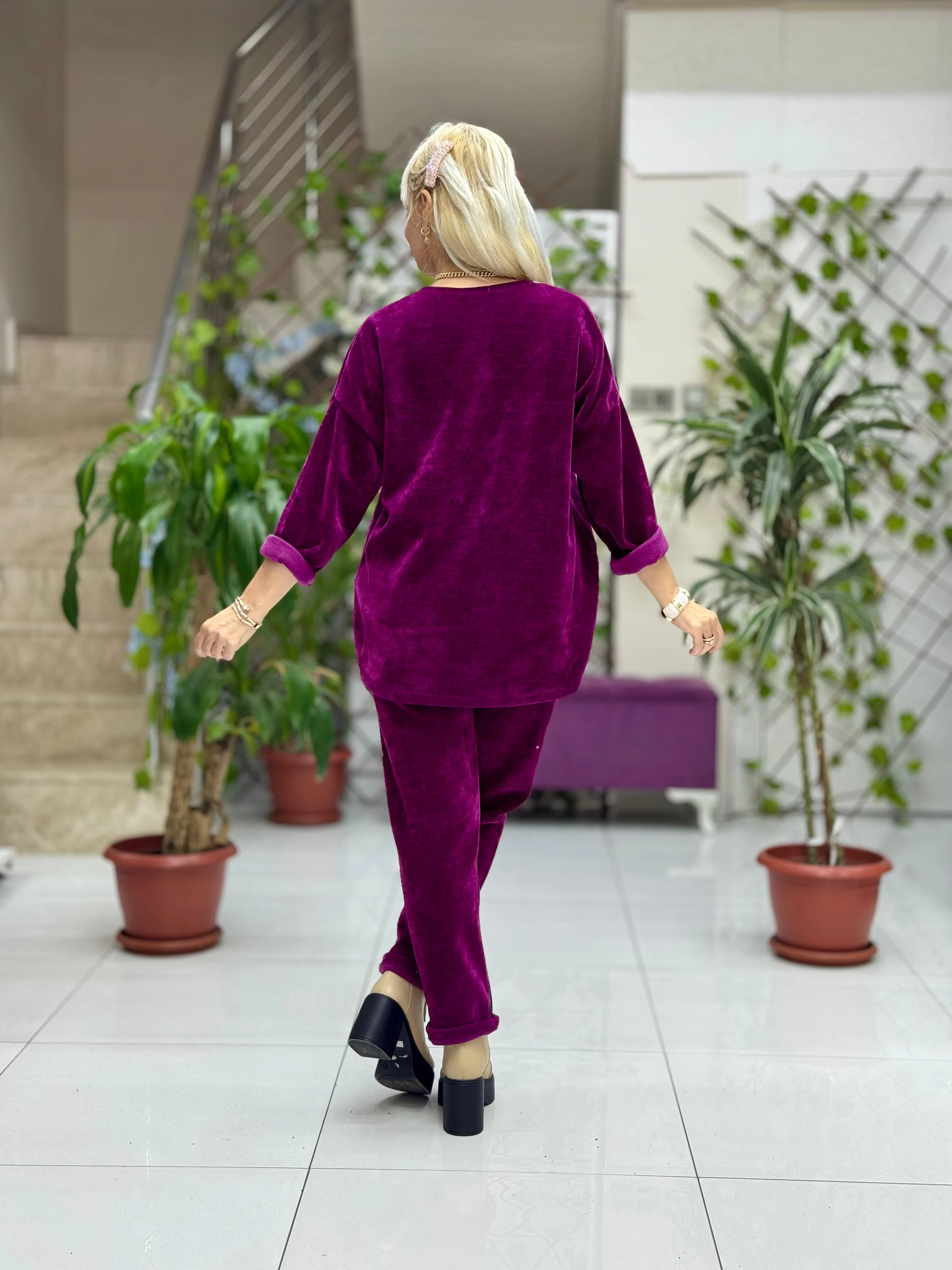 NC24155 Leopar Baskılı İtalyan Kadife Takım Eflatun