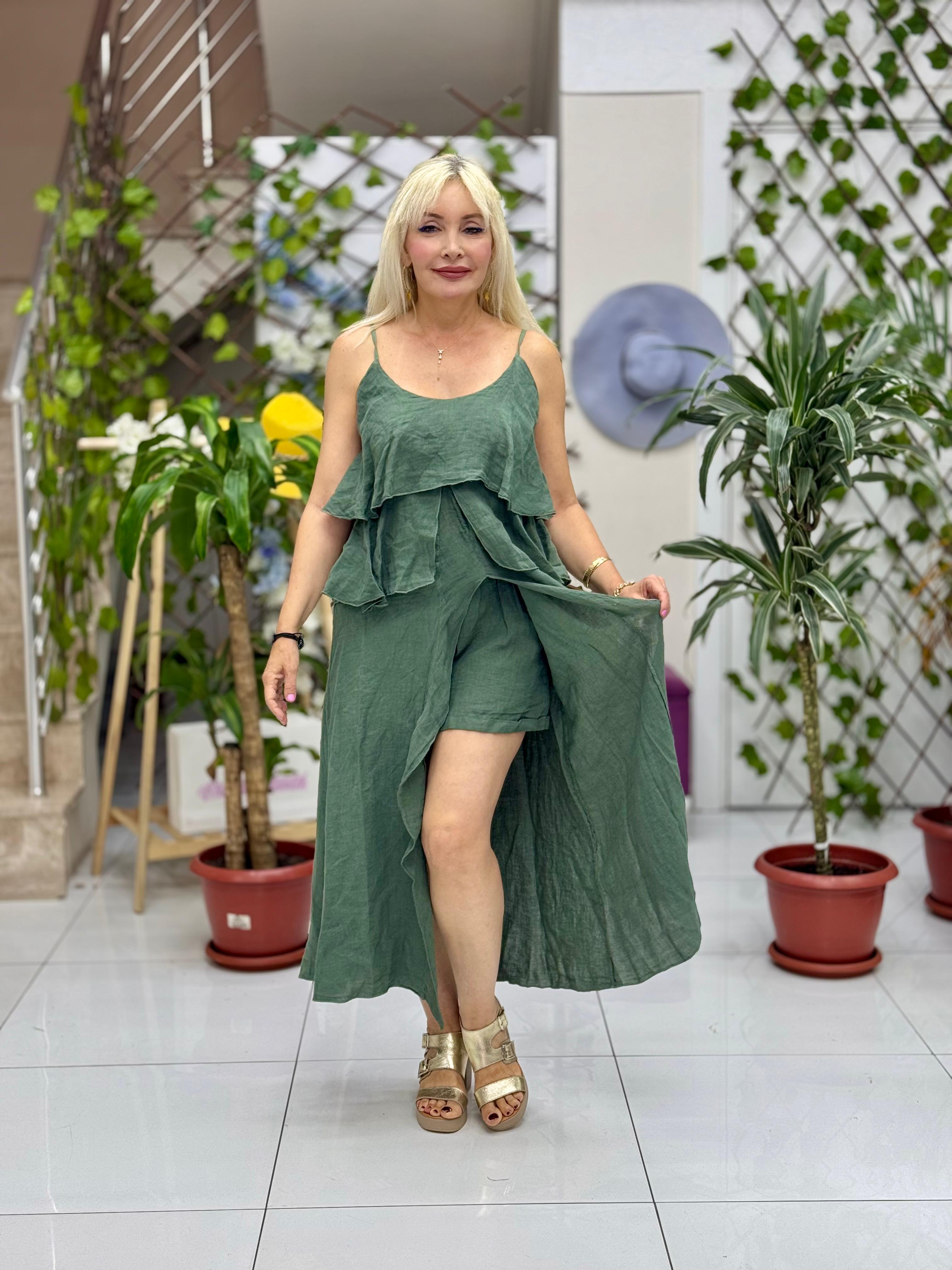 NC13179 İtalyan Keten Şortlu Takım Çağla