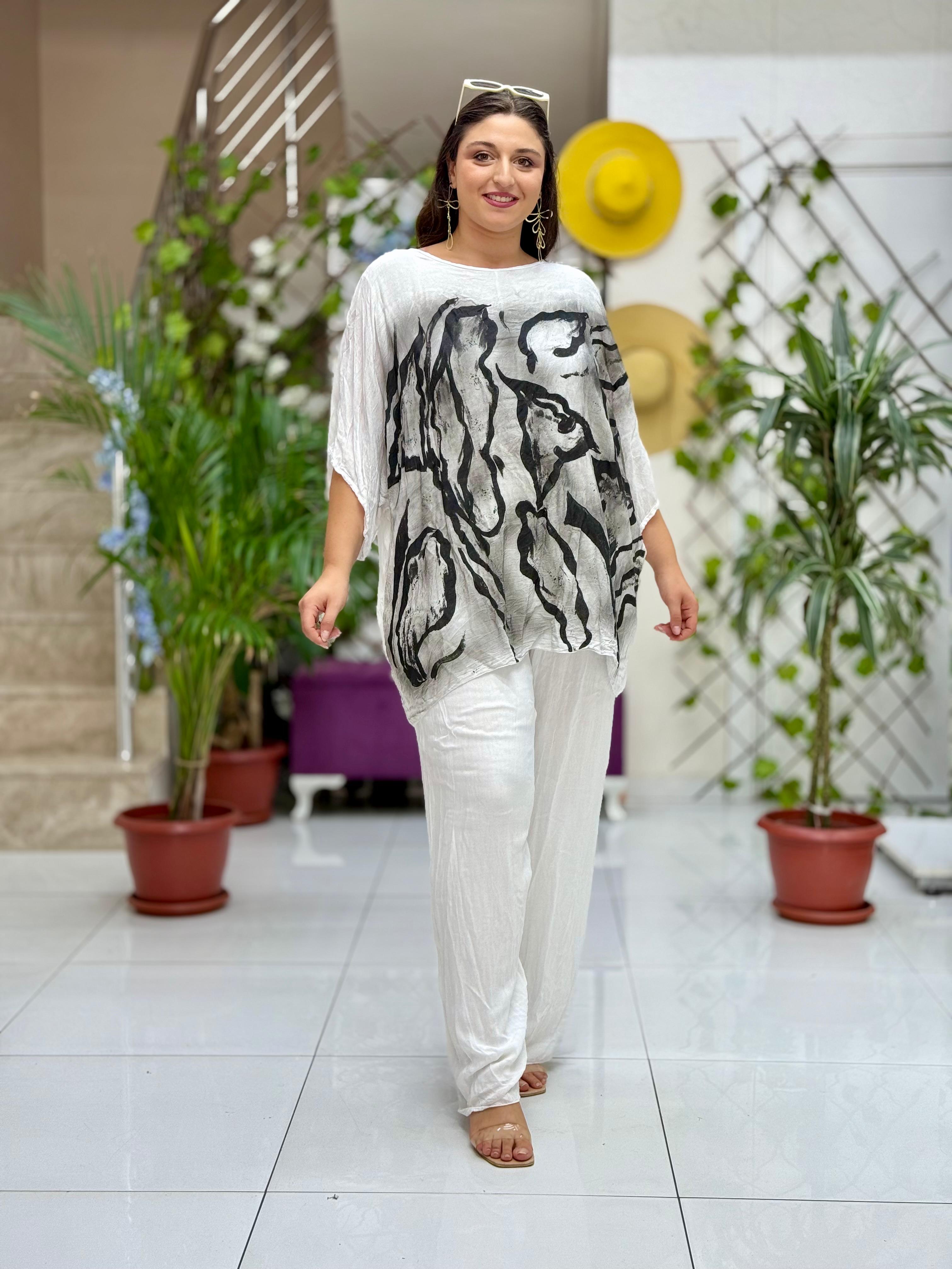 VL3159 %100 Vual Pamuk Bluz Pantolon Takım Beyaz