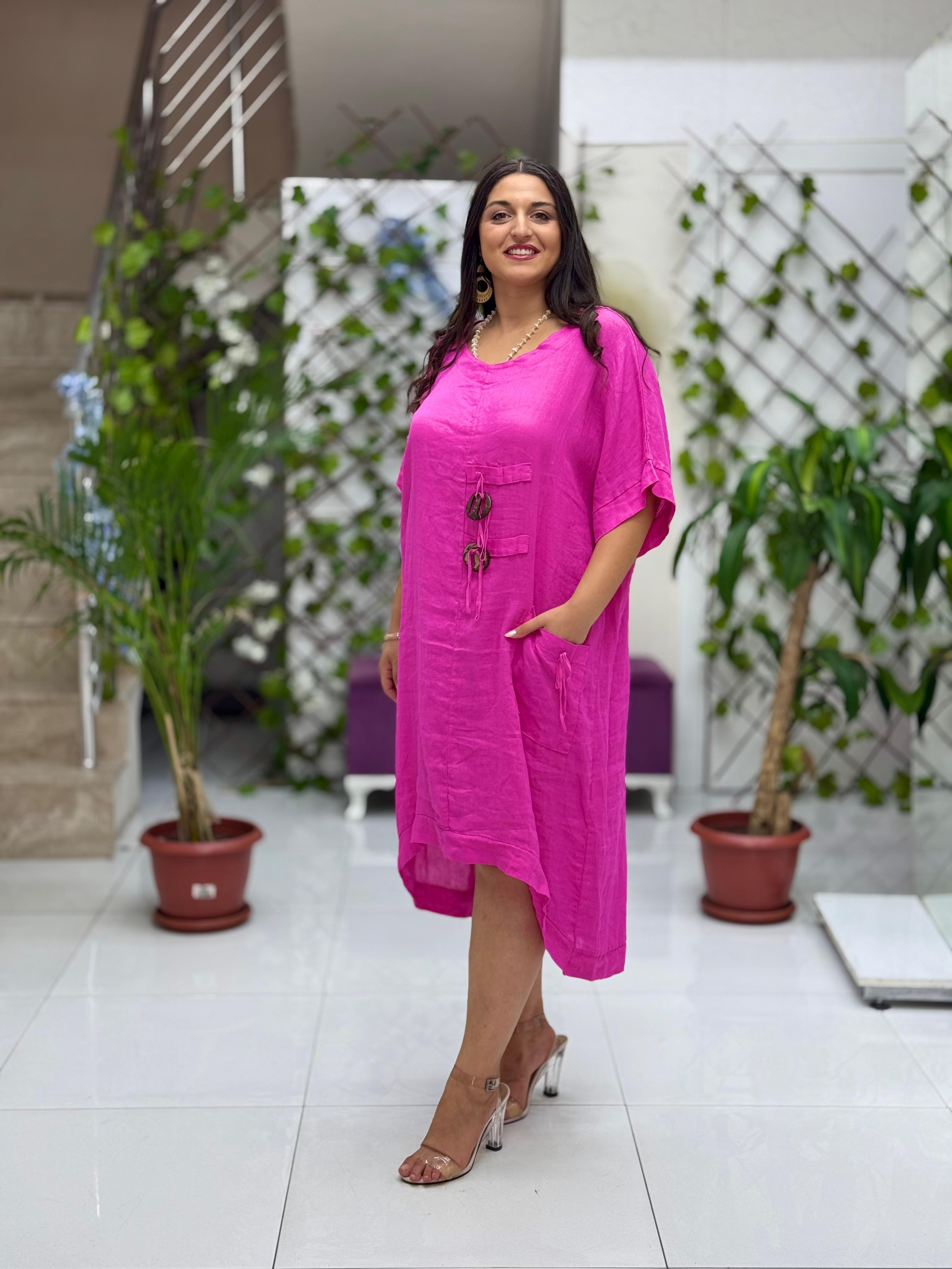 N231344 İtalyan Keten Elbise Pembe