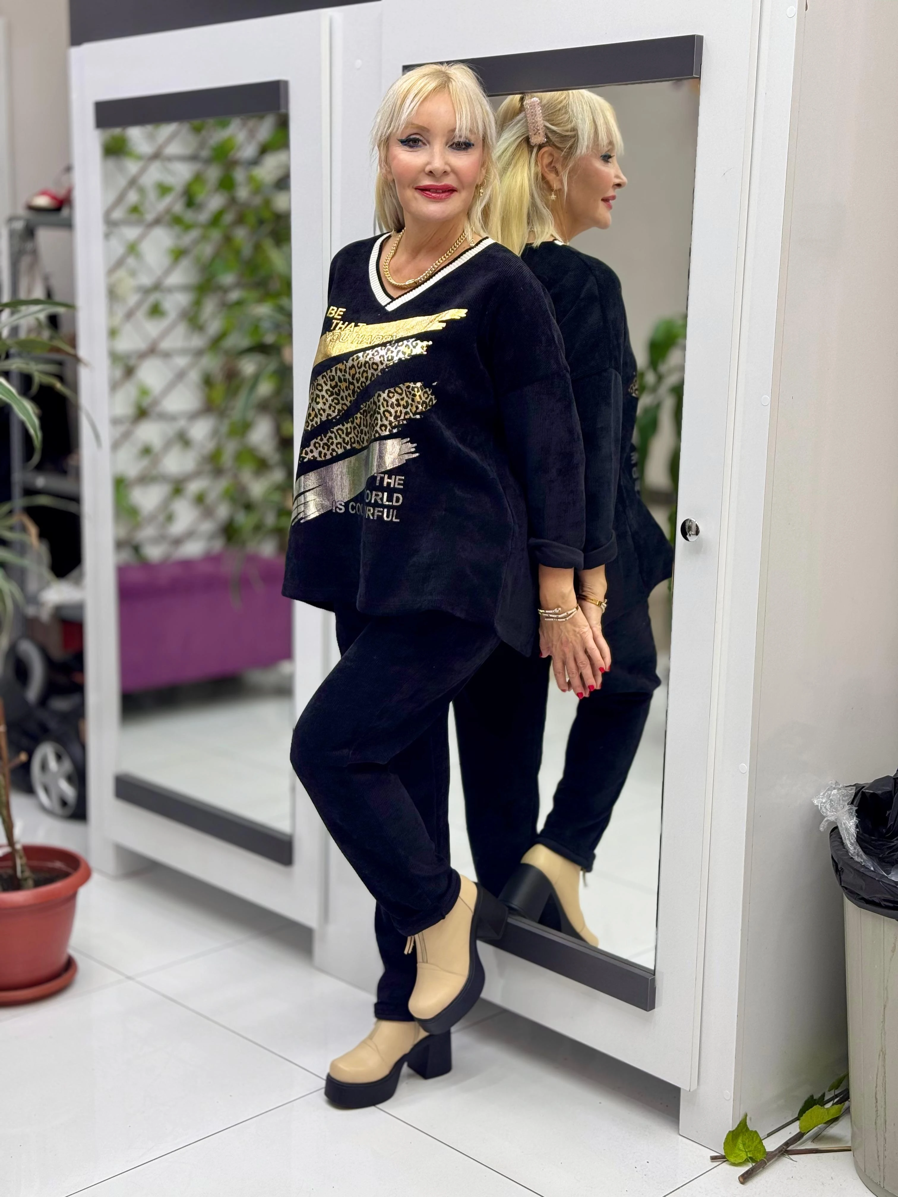 NC24155 Leopar Baskılı İtalyan Kadife Takım Siyah