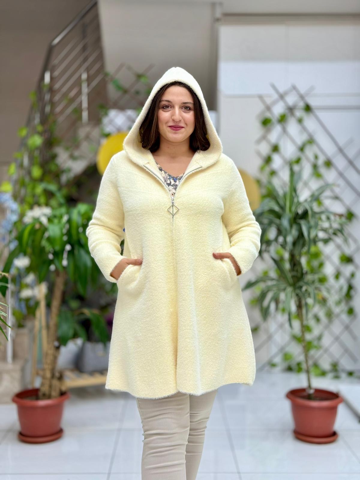 N33035 Kapüşonlu Cepli Angora Kaban Krem