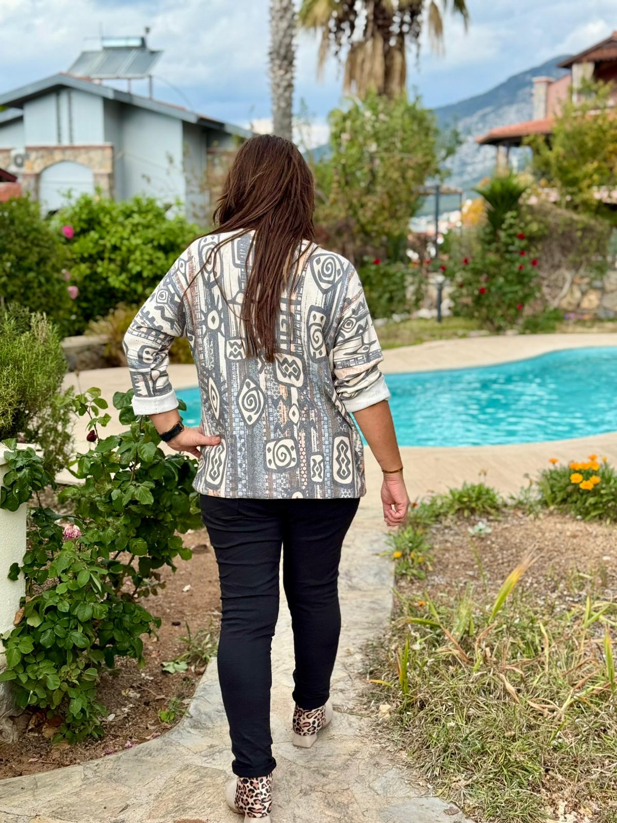 YG90664 Merserize V Yaka Baskılı İtalyan Bluz gri