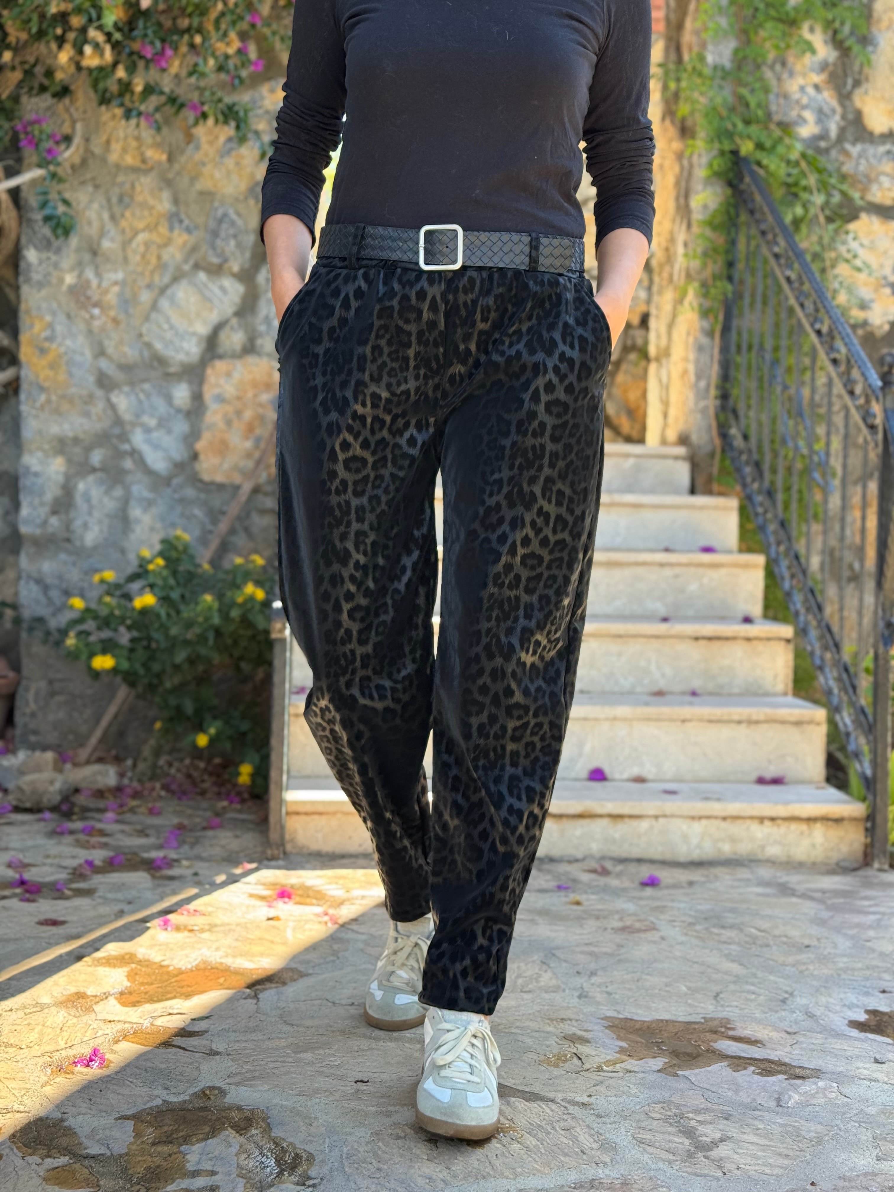 NC242976 italyan Leopar Desen Deri Pantolon Siyah