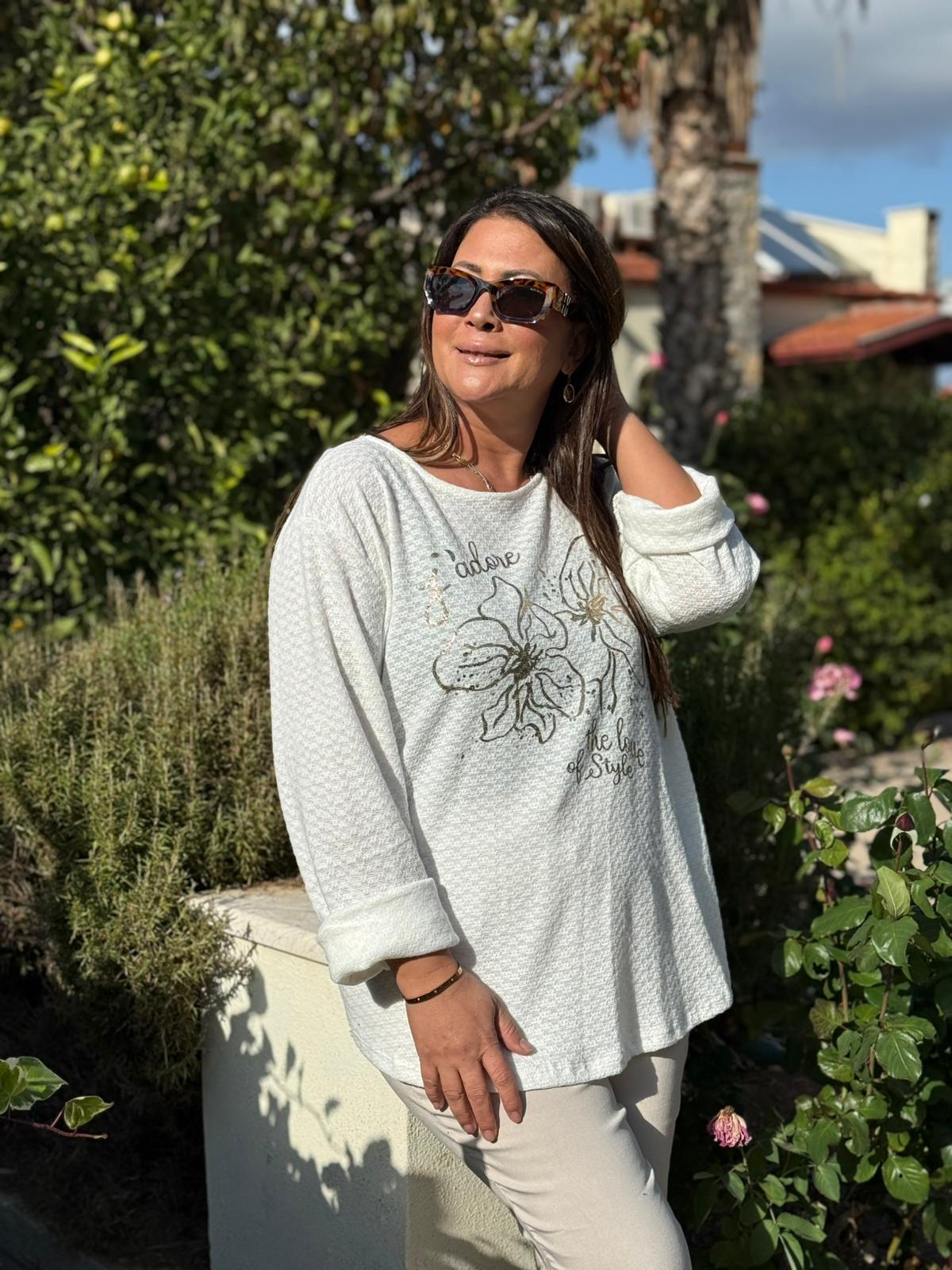 YG31256 İtalyan Kendinden Desenli Çiçek Baskılı Triko Bluz Beyaz