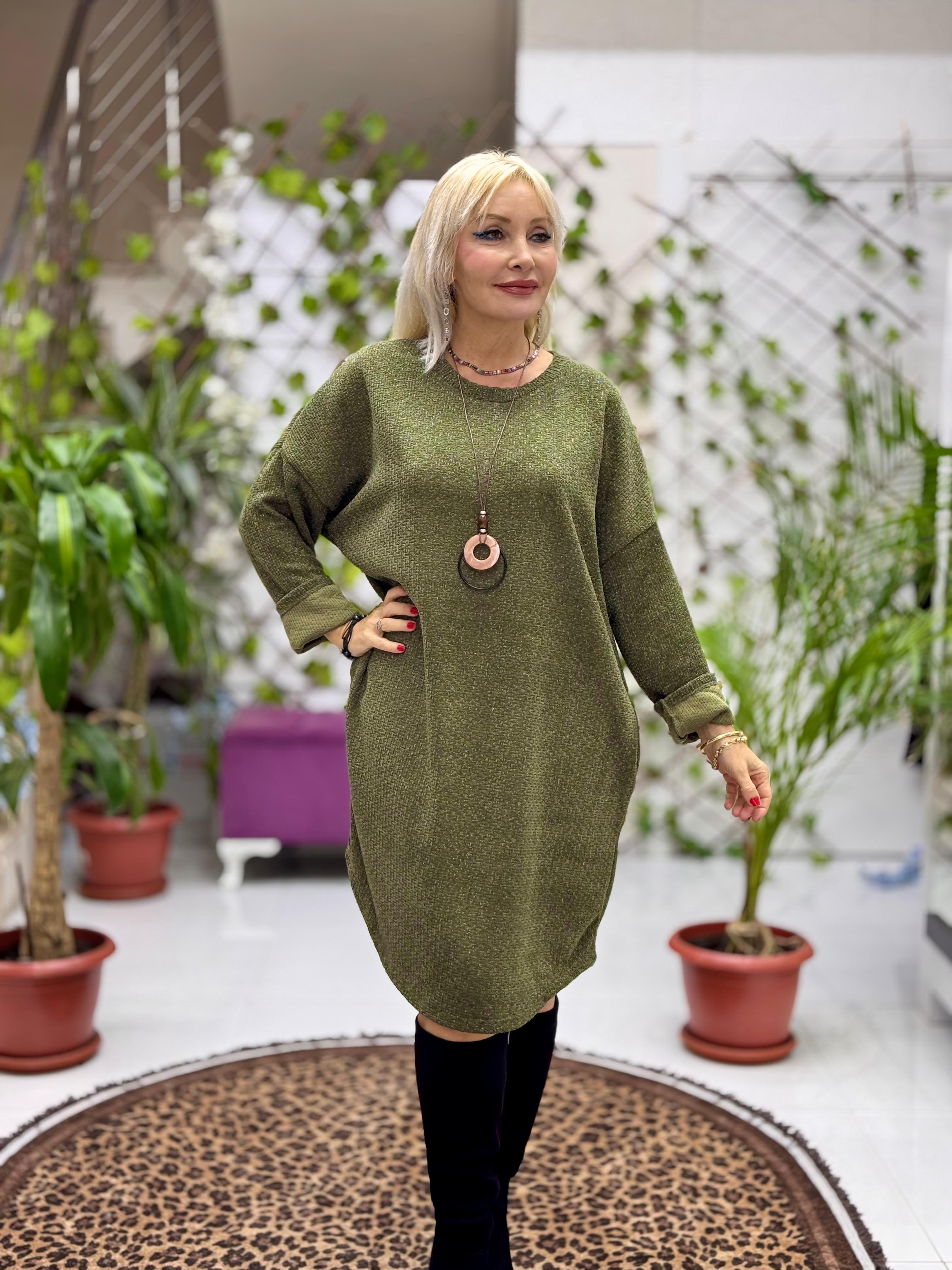 NC25158 Simit Yaka Kolyeli Simli İtalyan Kadife Elbise Haki