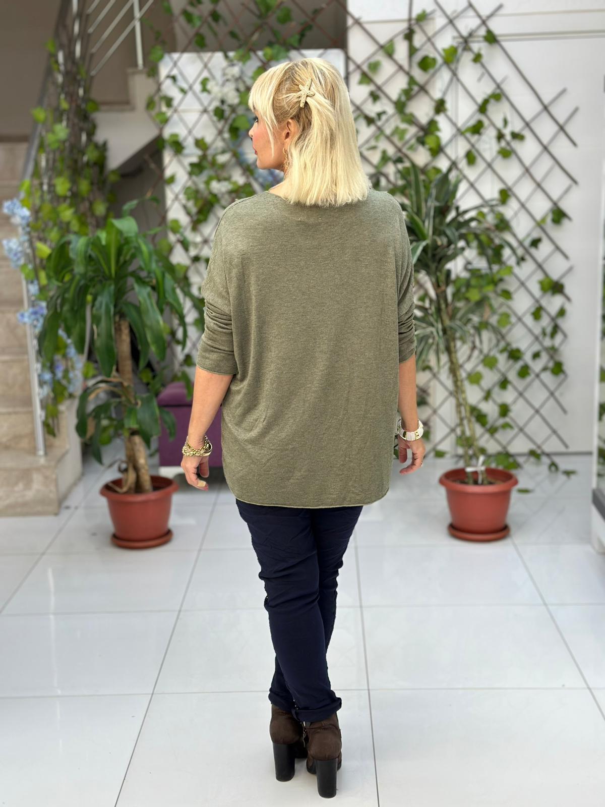 LS82681 İtalyan Taş Baskılı Triko Bluz Haki