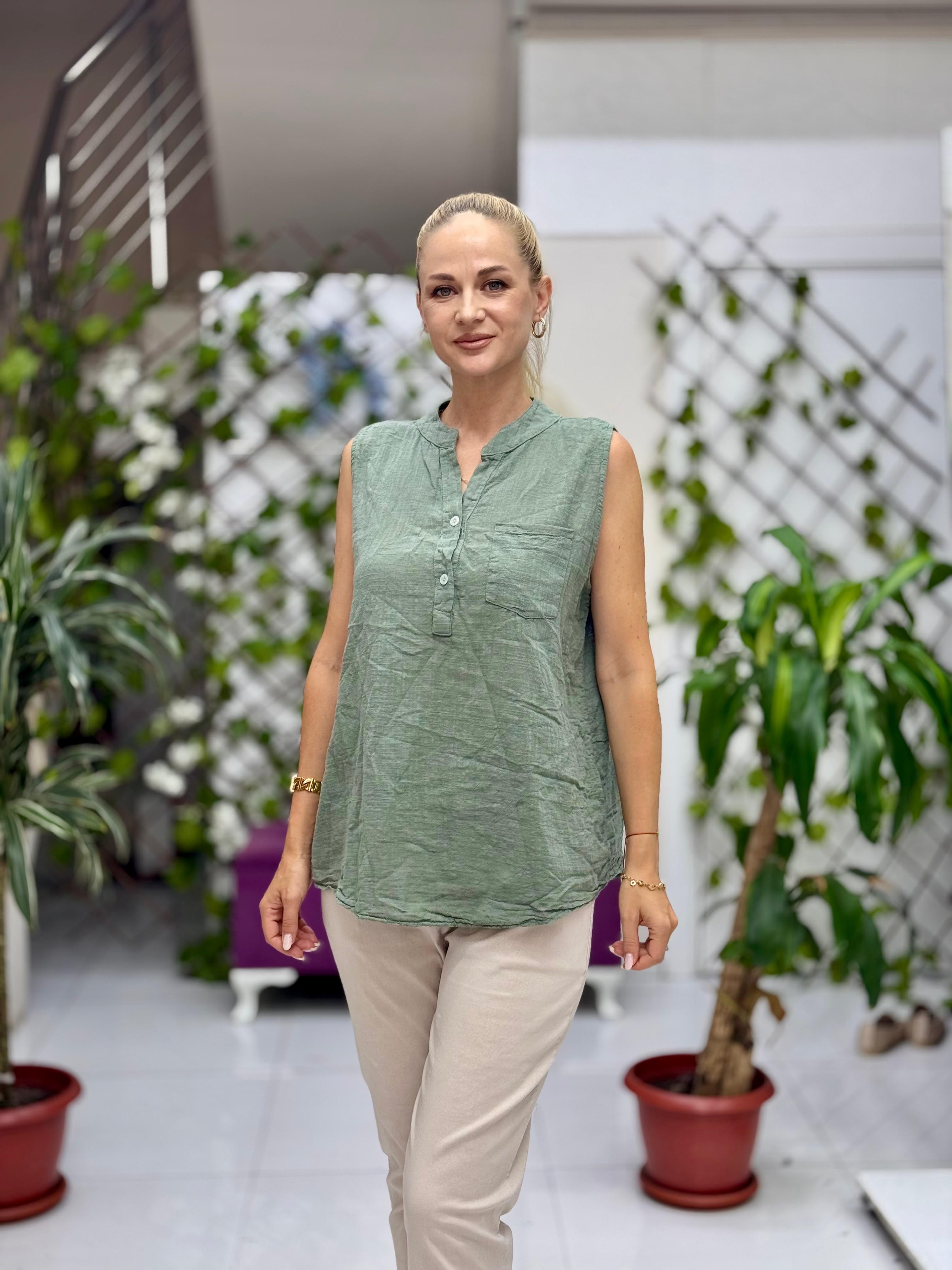 LS8819E Kolsuz Pamukketen Cepli İtalyan Bluz Haki