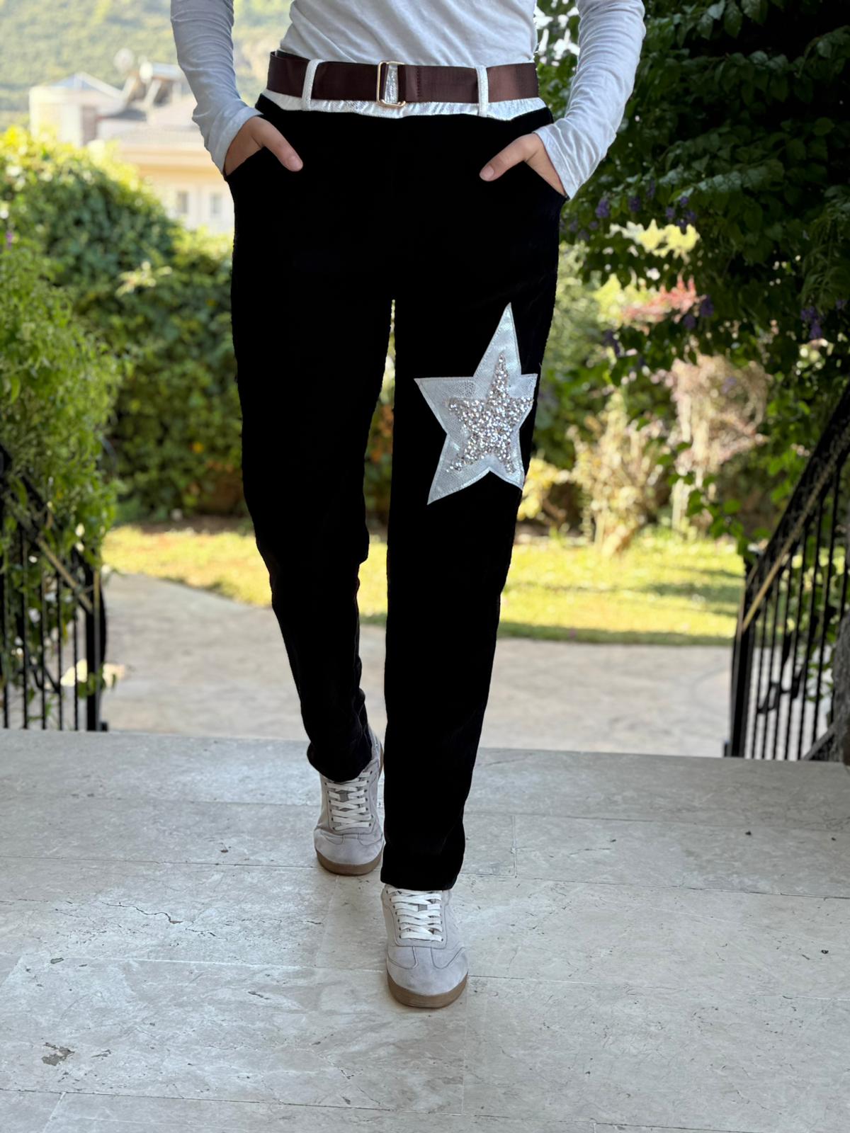 LS12520 İtalyan Yıldız Taşlı Kadife Pantolon Siyah
