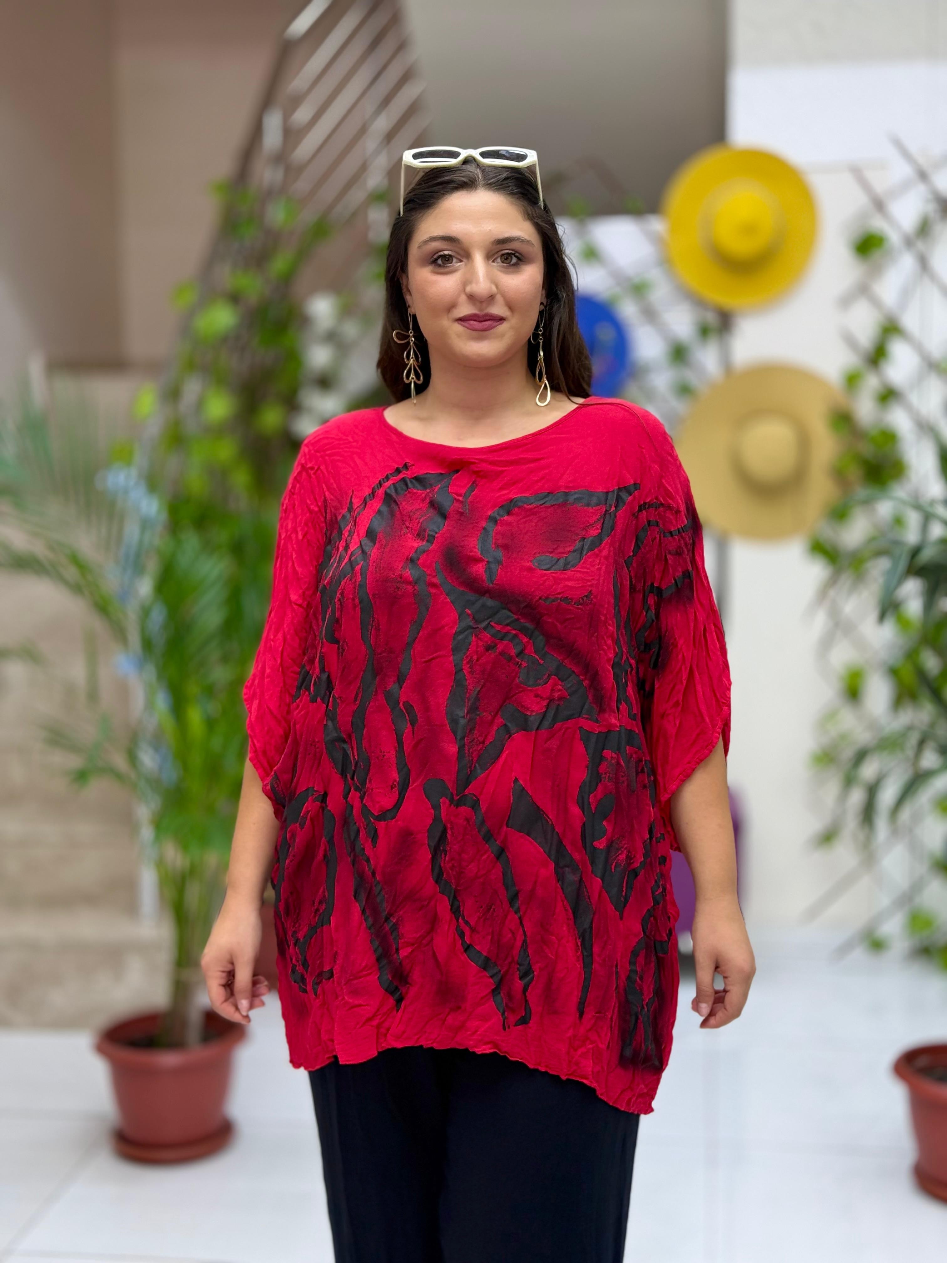 VL3009 Yarasa Kol Baskılı Vual Bluz Kırmızı