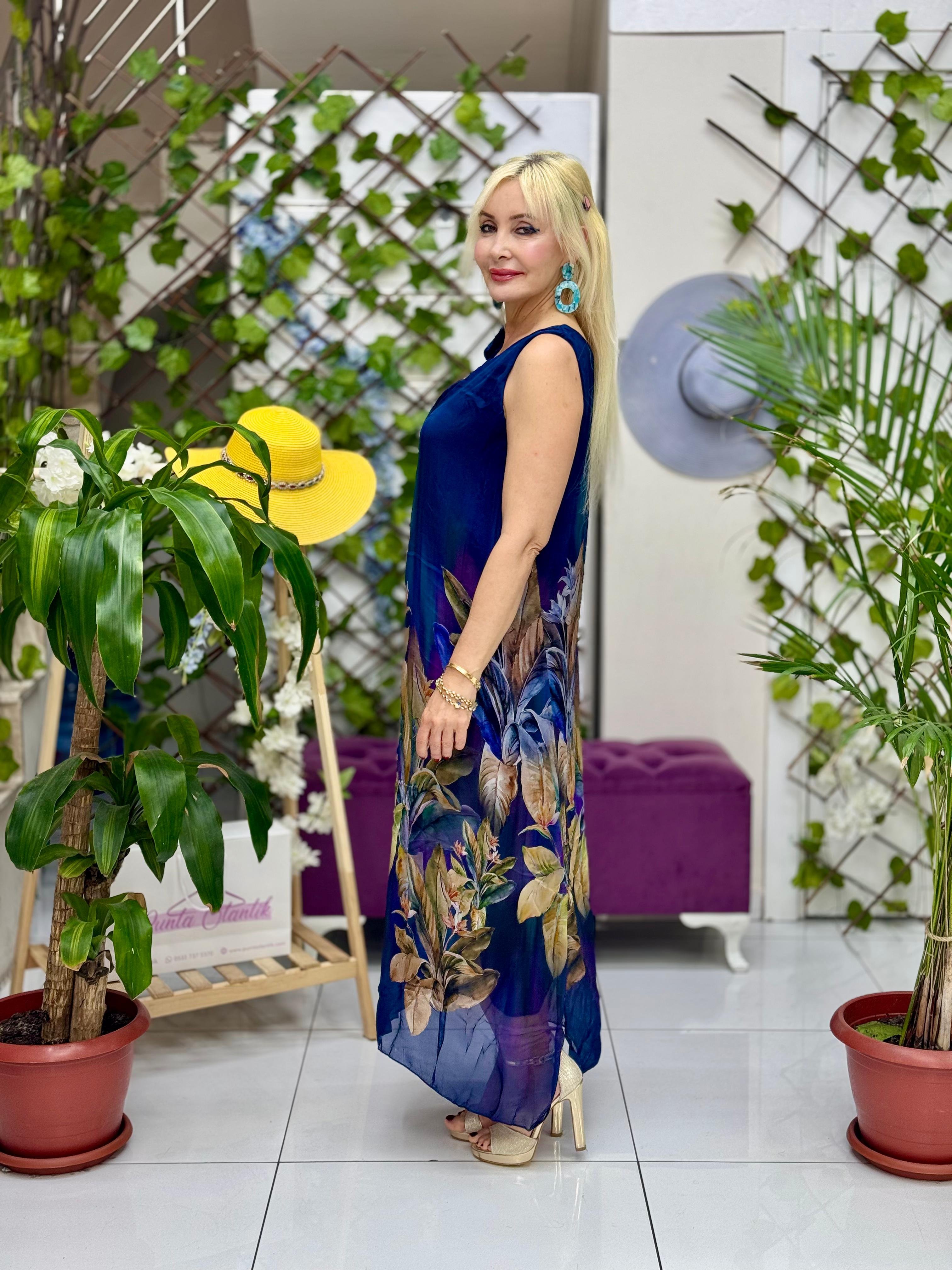 YG6024 İtalyan Omuz Bağlamalı İpek Elbise Lacivert