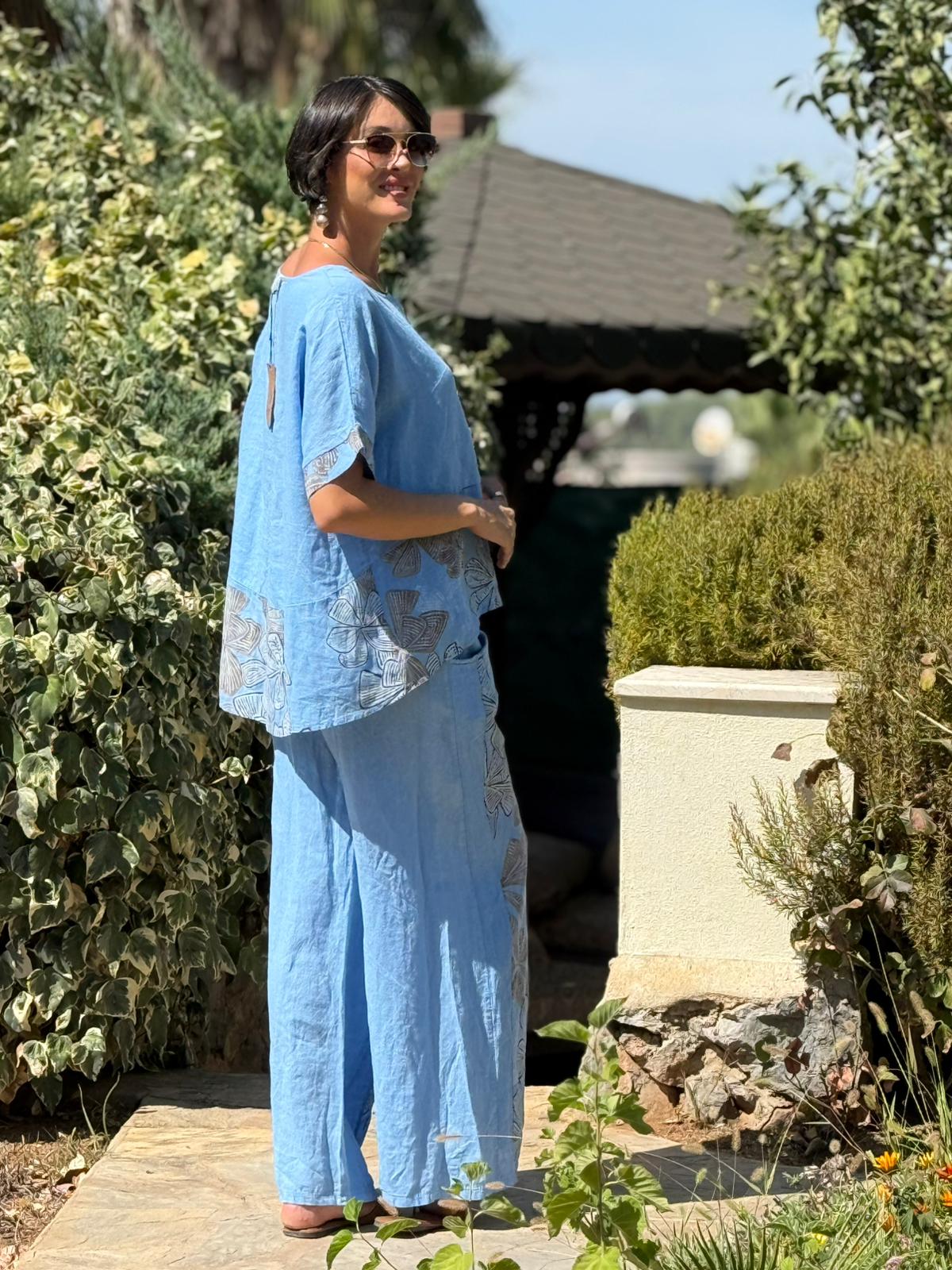 NC61253 İtalyan Çiçek Baskılı Keten Takım Mavi