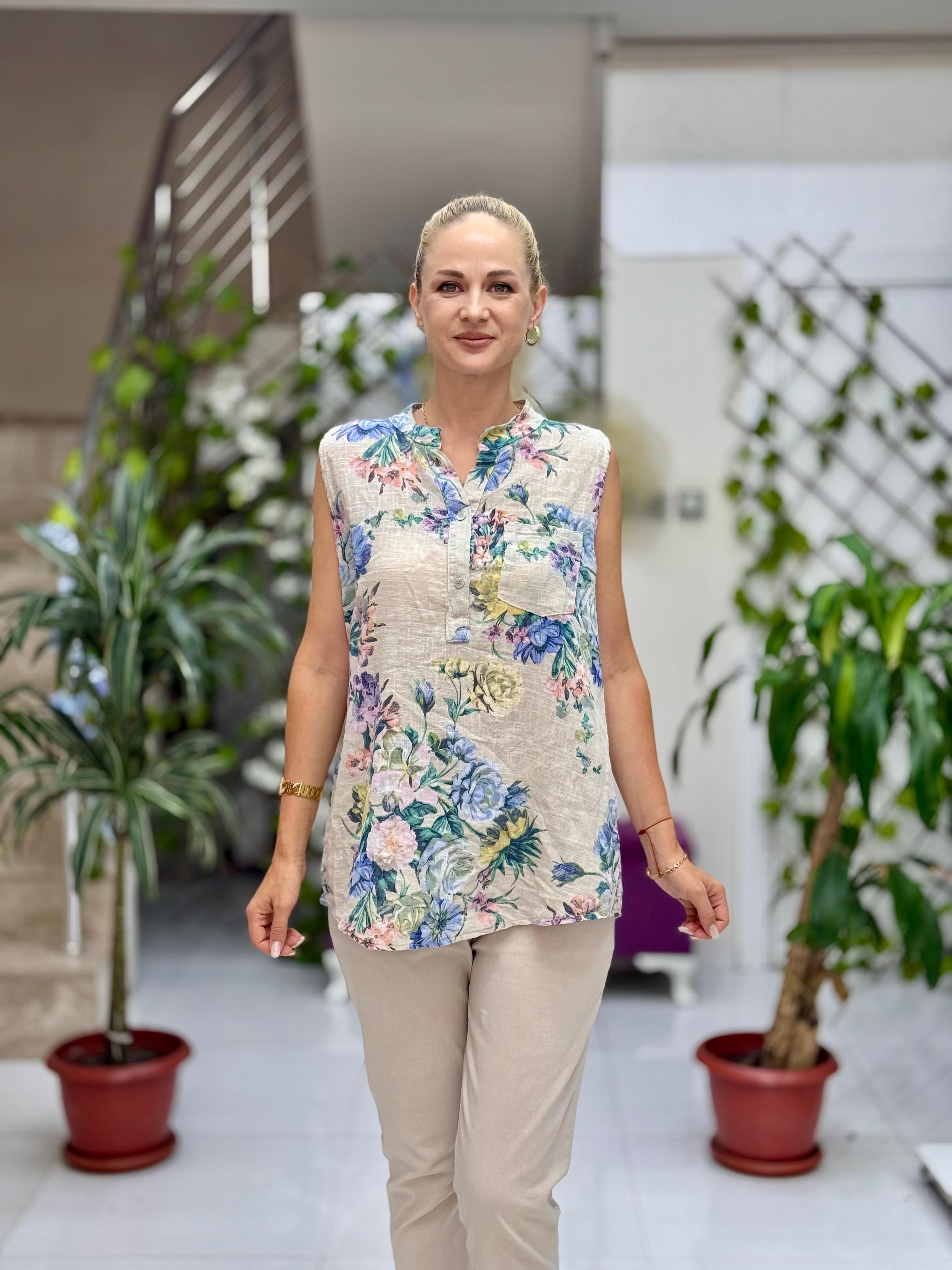 LS8819D Kolsuz Pamukketen Cepli İtalyan Bluz Bej