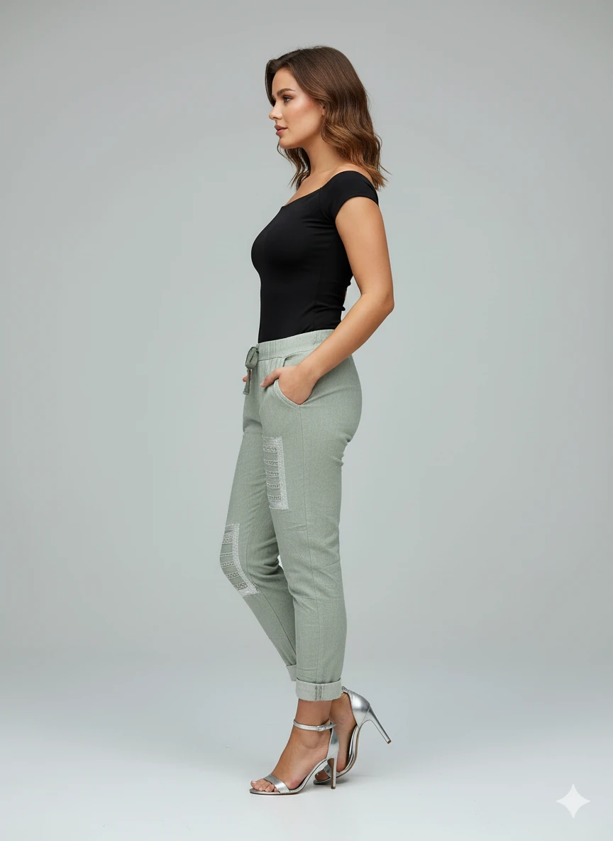 NC21750 İtalyan Pul Payetli Coton Pantolon Yeşil