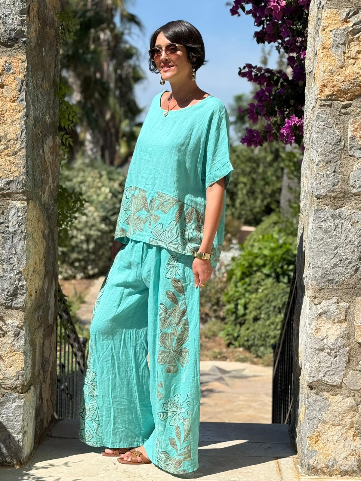 NC61253 İtalyan Çiçek Baskılı Keten Takım Mint