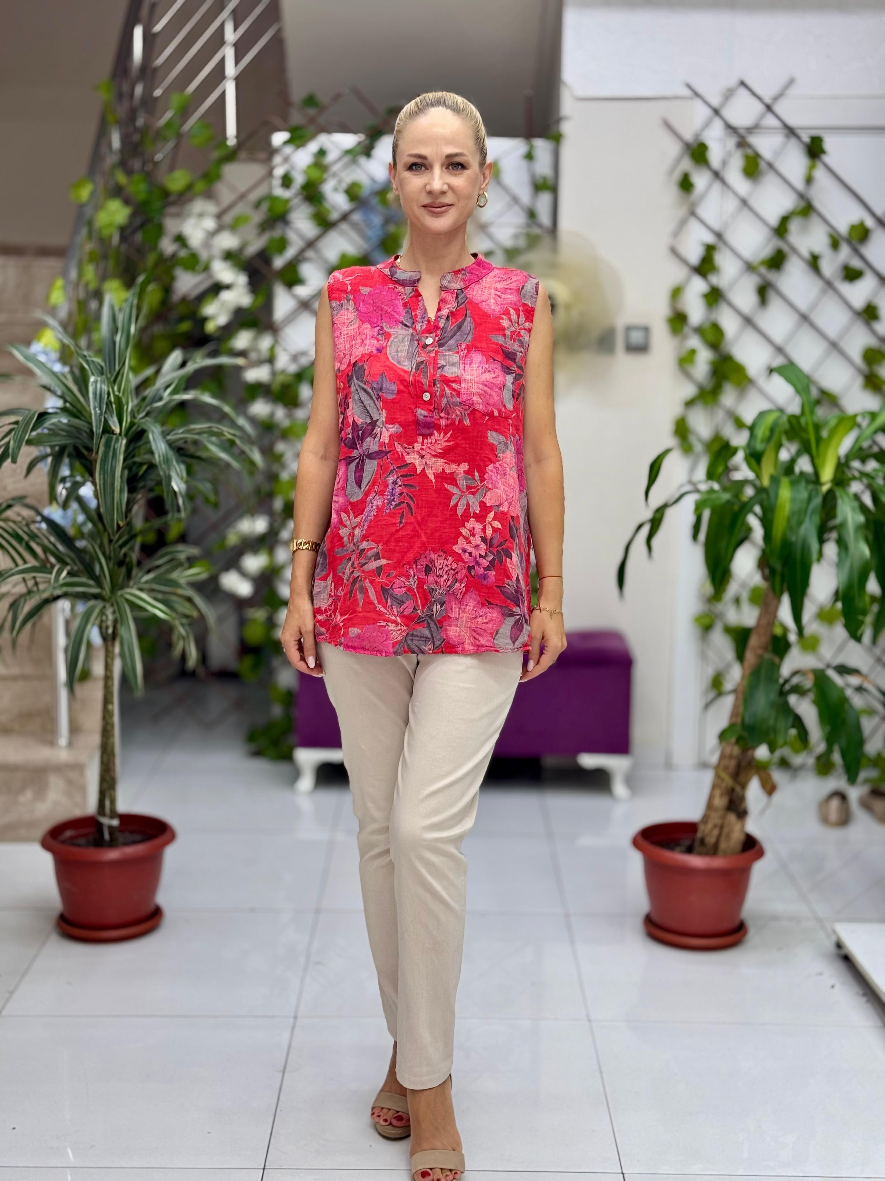 LS8819C Kolsuz Pamukketen Cepli İtalyan Bluz Kırmızı