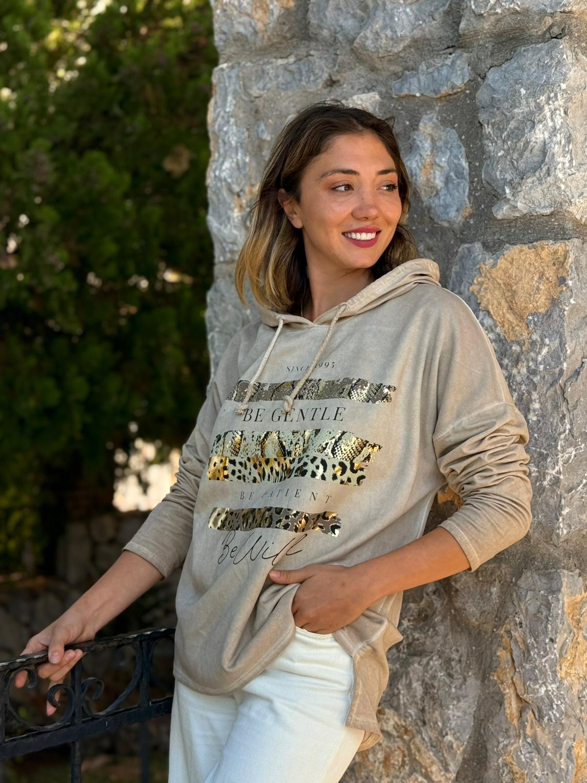 NC56152 İtalyan Leopar Baskılı Kapüşonlu Sweatshirt Krem