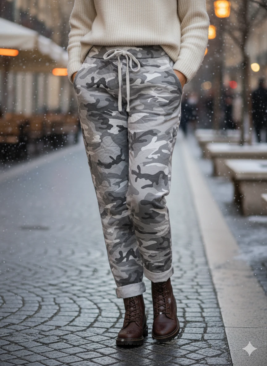 LS7312 Kamuflaj Desenli Likralı İtalyan Coton Pantolon Beyaz