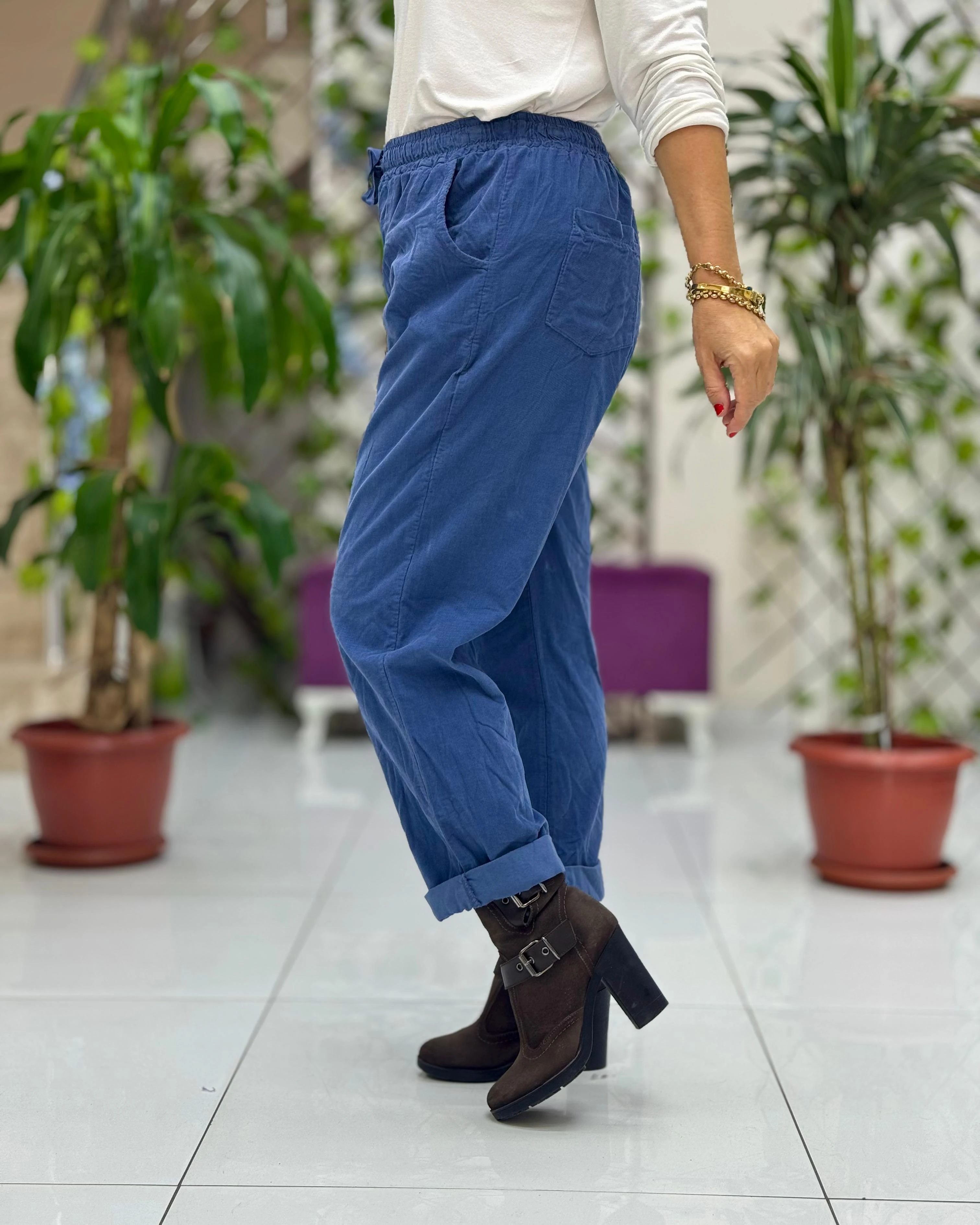 YG3005 Beli Bağcıklı İtalyan Kadife Pantolon Marin