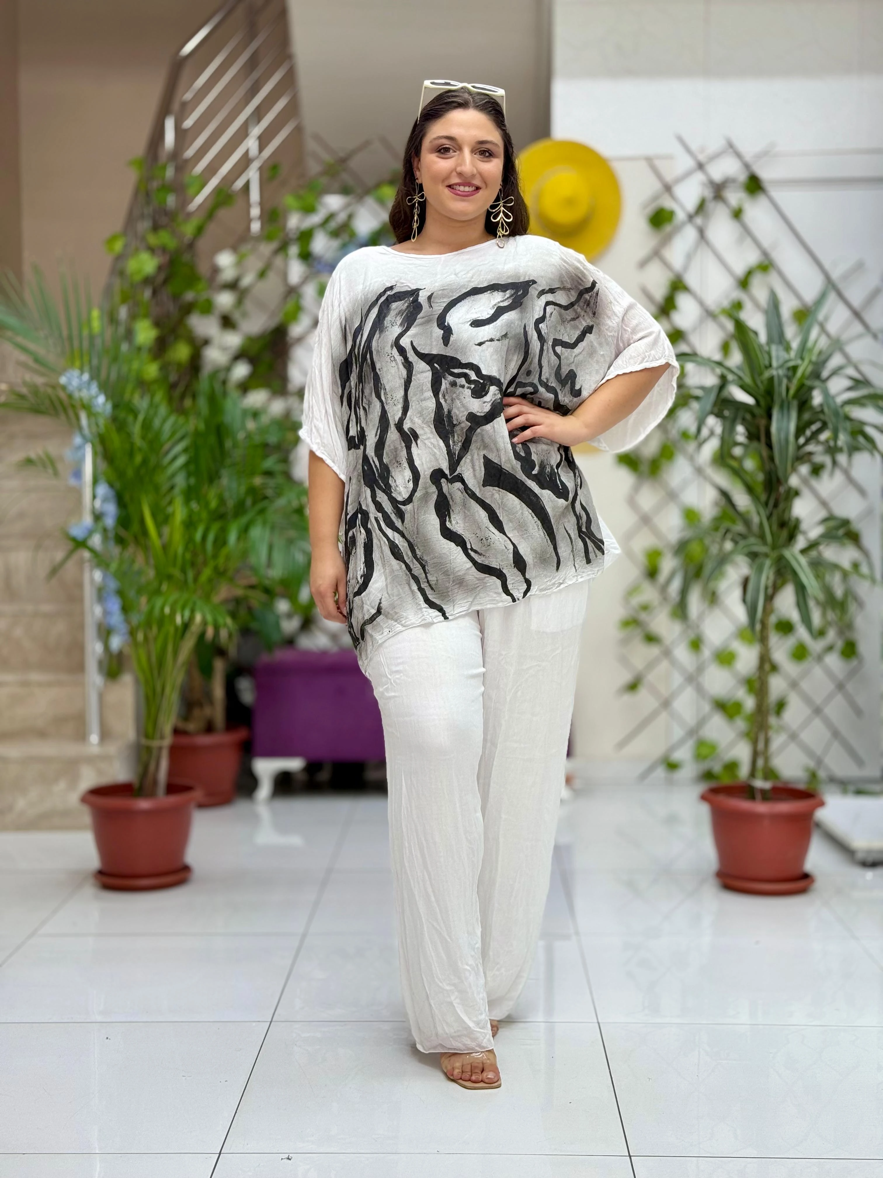 VL3159 %100 Vual Pamuk Bluz Pantolon Takım Beyaz