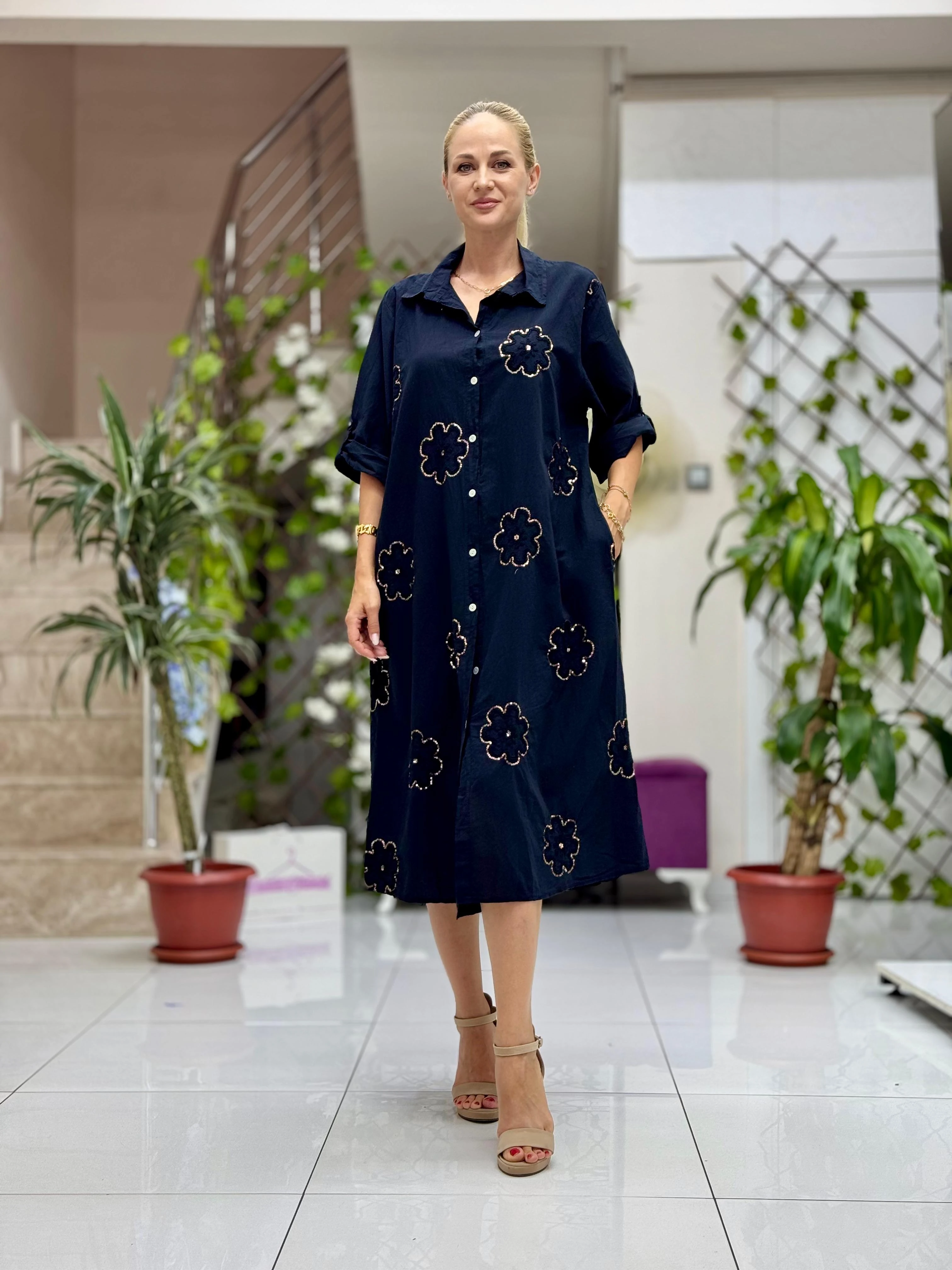 PT91720 Pul Payetli Coton İtalyan Gömlek Elbise Siyah